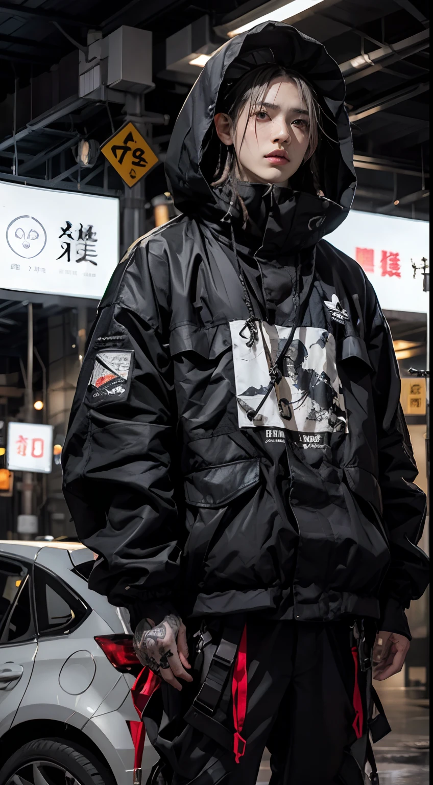 (品质最佳, 巨作)OriginalPhotographs,Fisheyes(rapper with dread hair, tattooed,mechanic arms)techwear jacket,Hood,scrolls,black, neon and white clothes,Very detailed,Cinematic,Glow,ultrasharp,Particle