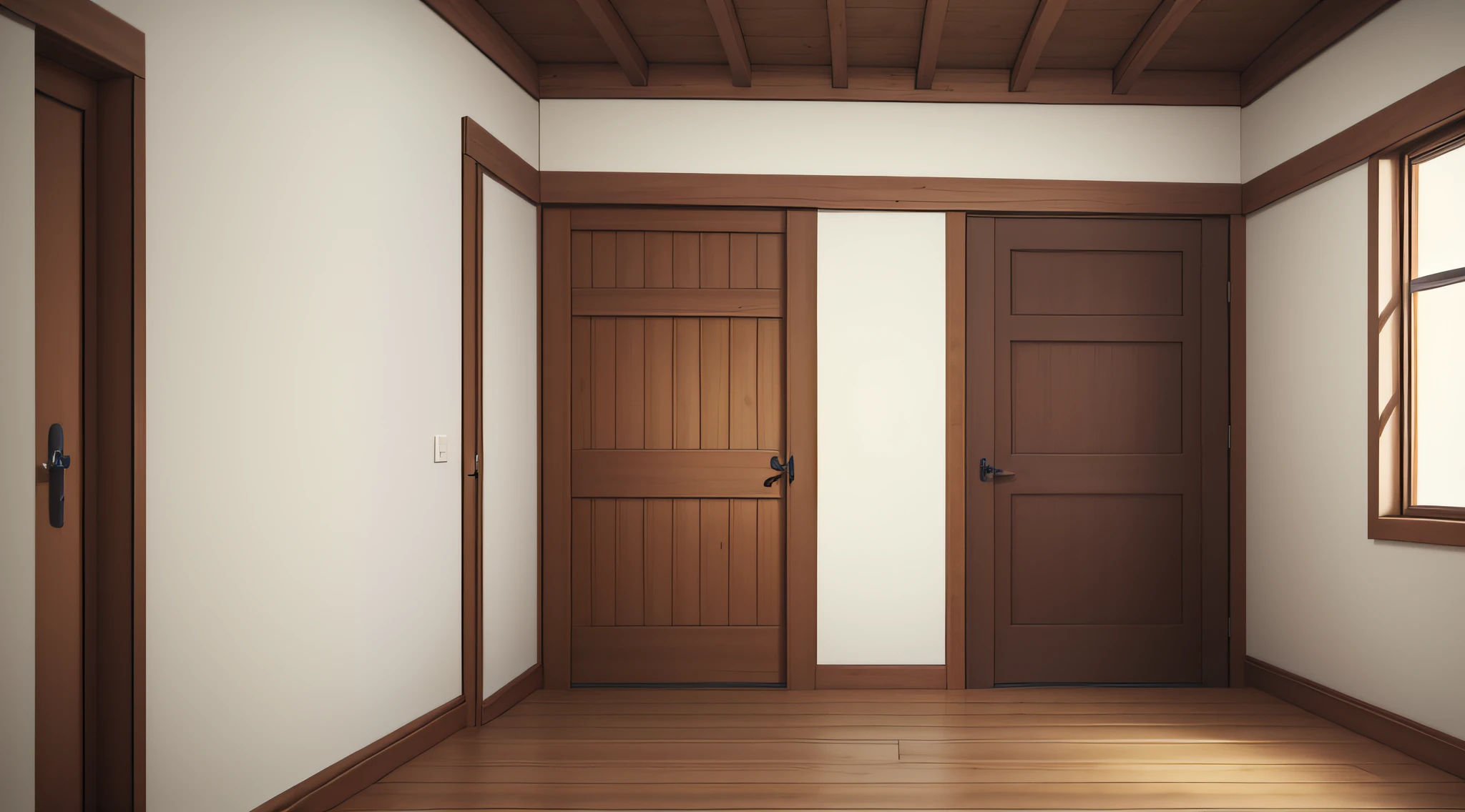 front of brown old single door, closed, wooden floor and white wall, single white wall