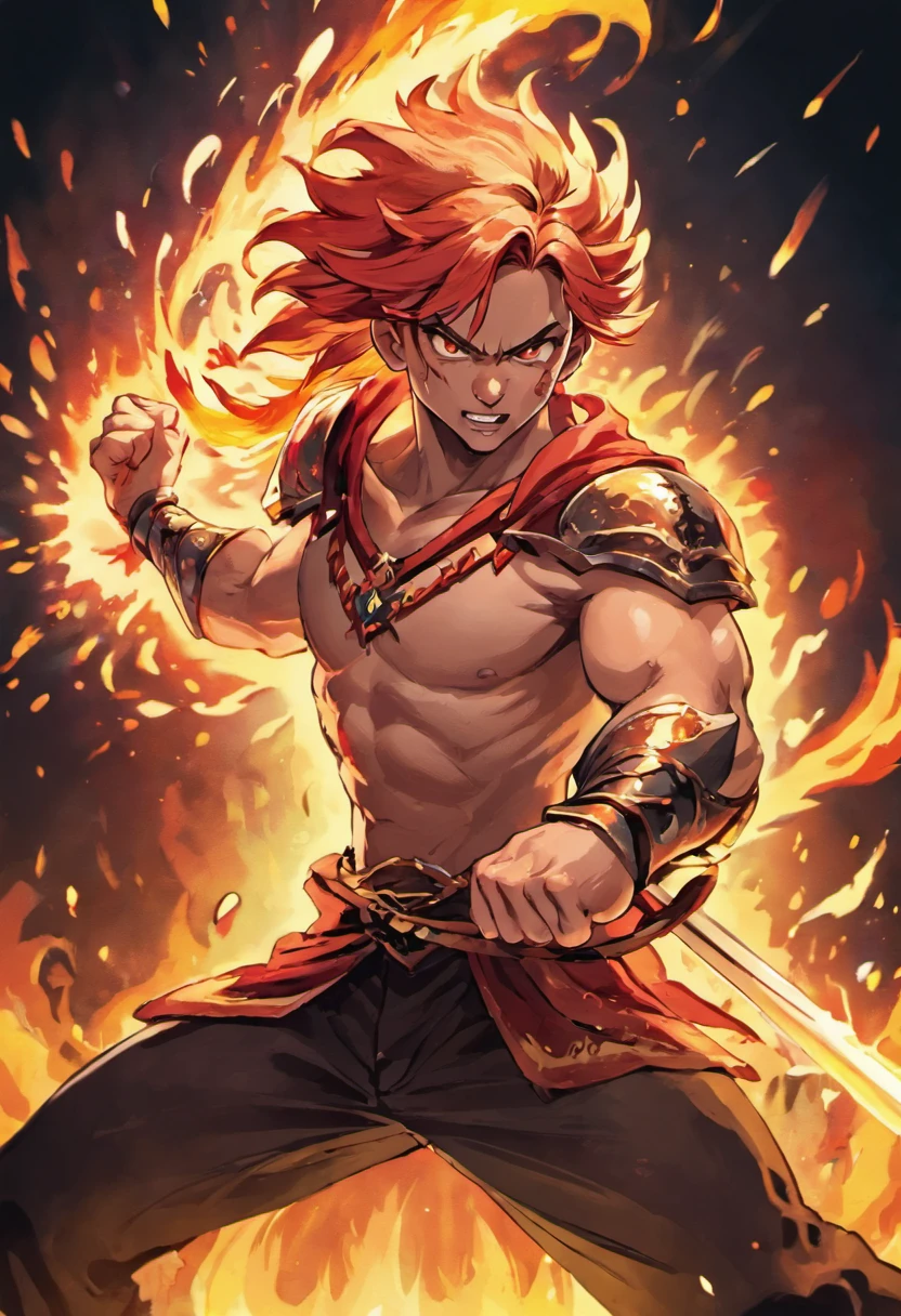 wilnas,  granblue fantasy, (masterpiece:1.5), (best quality:1.5), (high quality:1.5), (solo:1.27), (muscular male:1.27), (bara:1.27), satisfaction, happy, pleasure, (dynamic angle:1.21),(dynamic hair:1.27),(detailed pupils:1.21),looking at viewer, (dynamic pose:1.15), (beautiful detailed hands:1.21), illustration, (cinematic light:1.15), ultra detailed, (disheveled hair:1.34), big bulge, (large pectorals:1.3), pectoral cleavage, sidepec, (abs:1.3), (thighs:1.3), (bulky:1.2), novel_illustration, anime_screencap, flaming sword, explosion, male focus, fire, fiery wings, fiery hair, flame, pyrokinesis, breathing fire