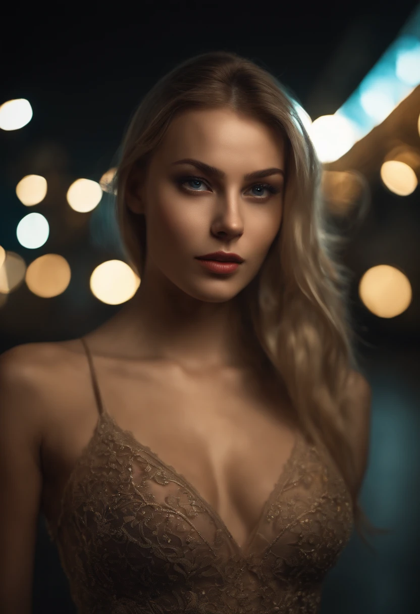 8K, Masterpiece, RAW photo, beste-Qualit, Photorealistics, highly detailed CG unity 8K wallpaper, Depth of field, cinematiclight, lens flares, Ray Tracing, (extremely beautiful face, Beautiful lips, Beautiful eyes), A face with intricate details, (ultra-detailed skin), 1 girl, Dark, In the Deep Shadows, Beautiful Ukrainian girl, Ukrainian model, 1 male, (Very toned and muscular body:1.3), (looking at the audience), (EXCELLENT TENACIOUS GAZE:1.3), (sleeveless), (Fashion City at Night, It's dark night, neon signage, blurred background), Trendy street night, (No people in the back:1.3), Beautiful earrings, bangles, a necklace, pantyhouse, Clear Eyes, Walking, (pale skin), (big eyes), Face Forward, (upper body face shot), (Silk-colored dress:1.3), (blonde hair), (tight and lace dress), (Transparent), (looking at the audience:1.3) open breasts, very thin, Medium-sized breasts, Don't turn your back, (backside shot), Transparent, Medium-sized buttocks,.