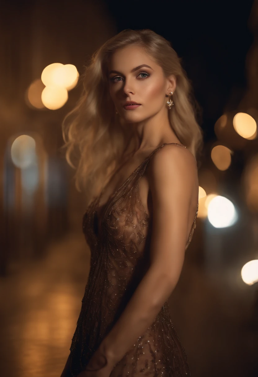 8K, Masterpiece, RAW photo, beste-Qualit, Photorealistics, highly detailed CG unity 8K wallpaper, Depth of field, cinematiclight, lens flares, Ray Tracing, (extremely beautiful face, Beautiful lips, Beautiful eyes), A face with intricate details, (ultra-detailed skin), 1 girl, Dark, In the Deep Shadows, Beautiful Ukrainian girl, Ukrainian model, 1 male, (Very toned and muscular body:1.3), (looking at the audience), (EXCELLENT TENACIOUS GAZE:1.3), (sleeveless), (Fashion City at Night, It's dark night, neon signage, blurred background), Trendy street night, (No people in the back:1.3), Beautiful earrings, bangles, a necklace, pantyhouse, Clear Eyes, Walking, (pale skin), (big eyes), Face Forward, (upper body face shot), (Silk-colored dress:1.3), (blonde hair), (tight and lace dress), (Transparent), (looking at the audience:1.3) open breasts, very thin, Medium-sized breasts, Don't turn your back, (backside shot), Transparent, Medium-sized buttocks,.