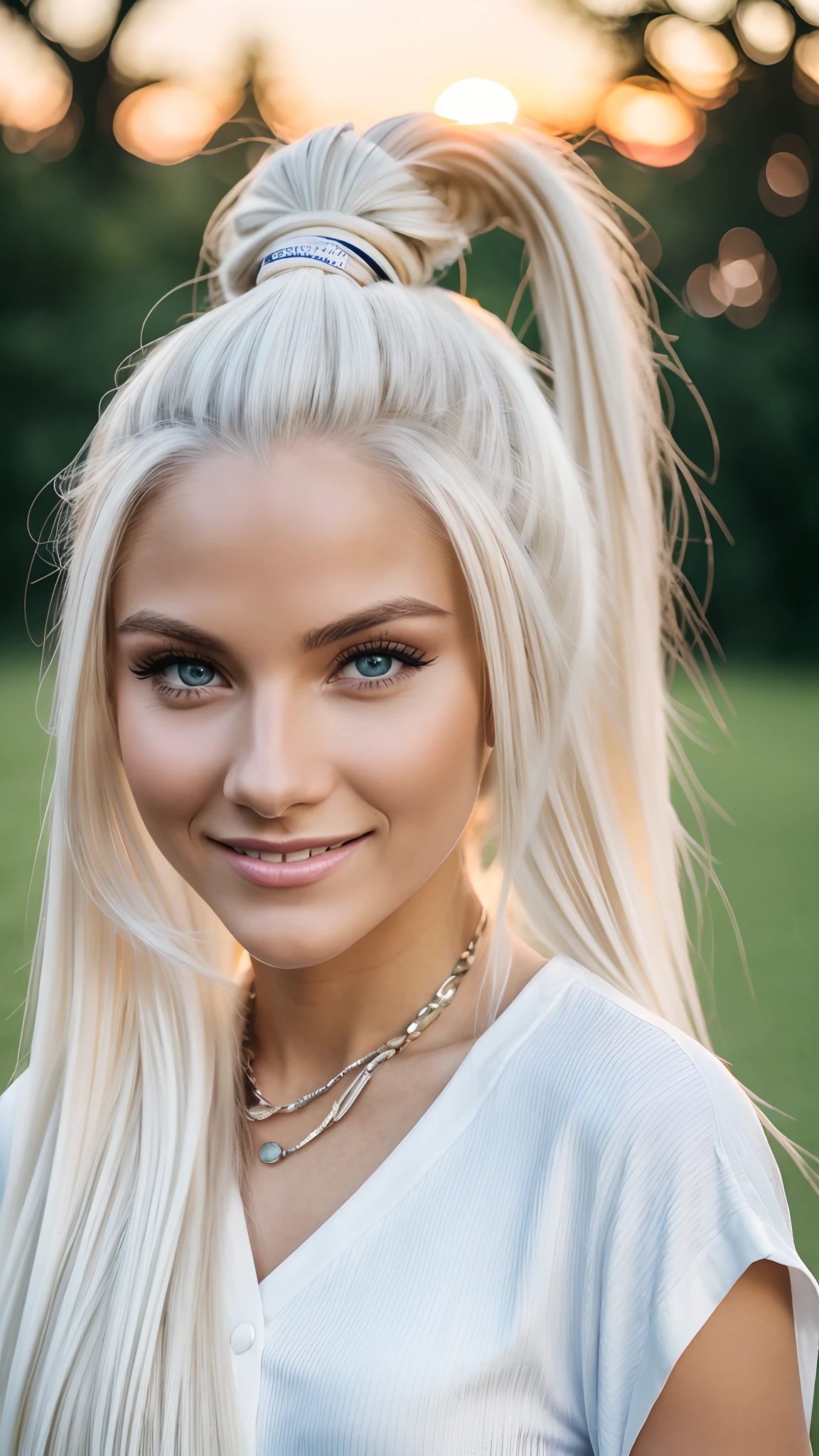 Hyper realistic and detailed full body photo of one blonde (long white hair with a ponytail) young smiling beautiful woman wearing a modern trendy colorful and casual outfit. Sunset. Park. perfect eyes, (Eye makeup:1.1), (highly detailed skin:1.1), RAW, analog style, sharp focus, 8k UHD, DSLR, high quality, Fujifilm XT3, grain, award winning, masterpiece.