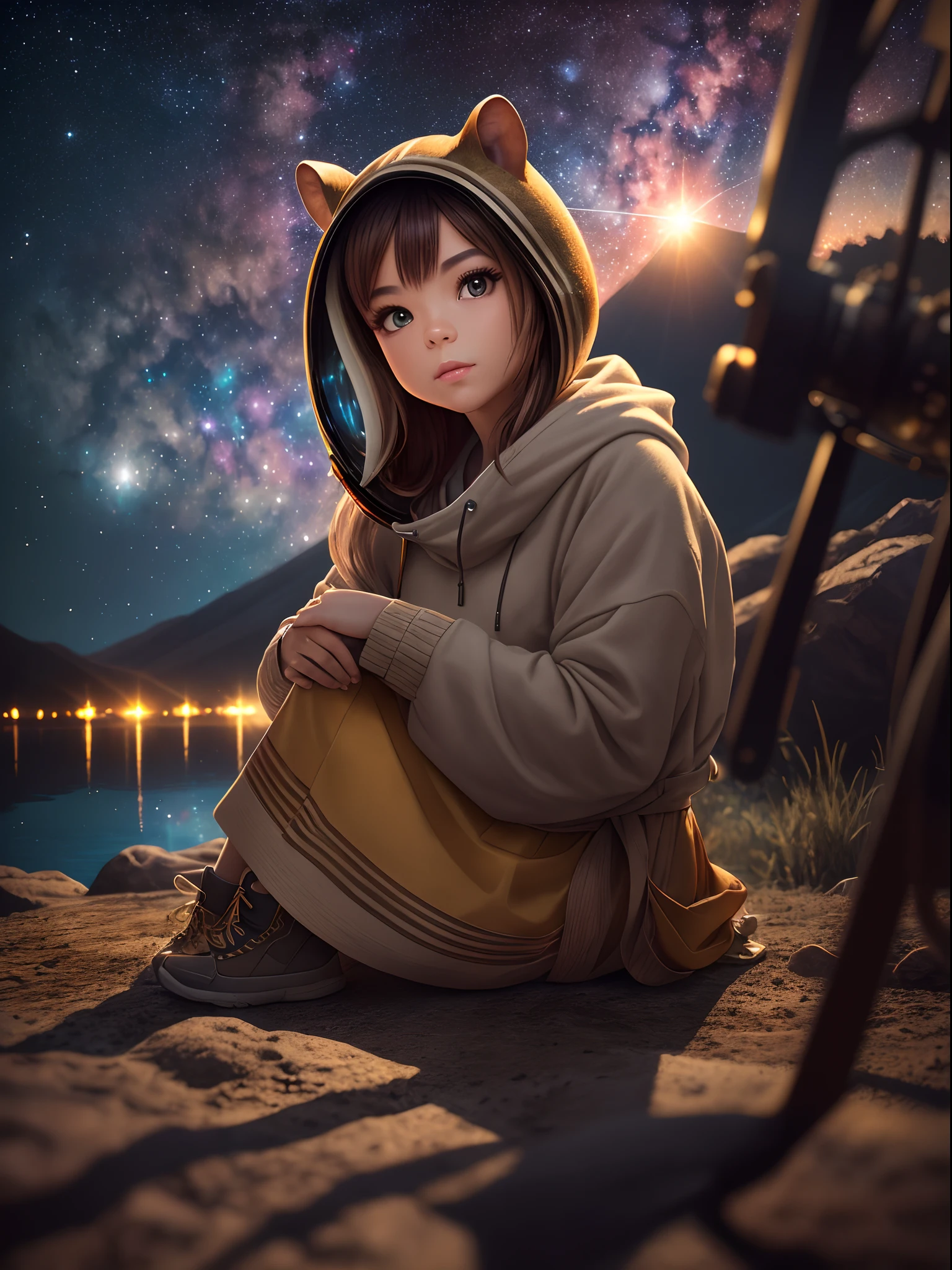 A wide angle fullbody award winning studio photo portrait masterpiece illustration of worlds collide ((A God as a chipmunk sit by the lake and looking at distant universe at night time in alien world)),colorful swirls galaxies and stars, posed,materials,golden hour, perfect composition,artstation,epic, artistic photography, chiaroscuro, trending on artstation, sharp focus, studio photo, intricate details,inking, highly detailed,octaine render,light trace, RAW photo,105mm professional photgraphy,(high detailed skin:1.2), 8k uhd, dslr, soft lighting, high quality, film grain, Fujifilm XT3 --auto --s2