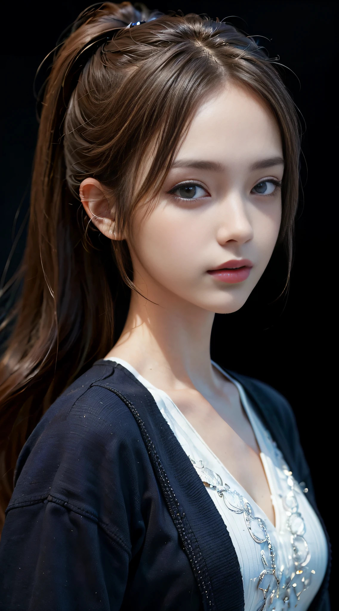 ((masterpiece:1.4)、(top-quality:1.4)、(reallistic:1.7))、masuter piece:1.4、Portrait photo of a girl、Close-up photos、Upper body photography、beautiful countenance、Defiance、dark backgrounds、Narrow waist、poneyTail、Raw photo、red-lips、1 screen display、