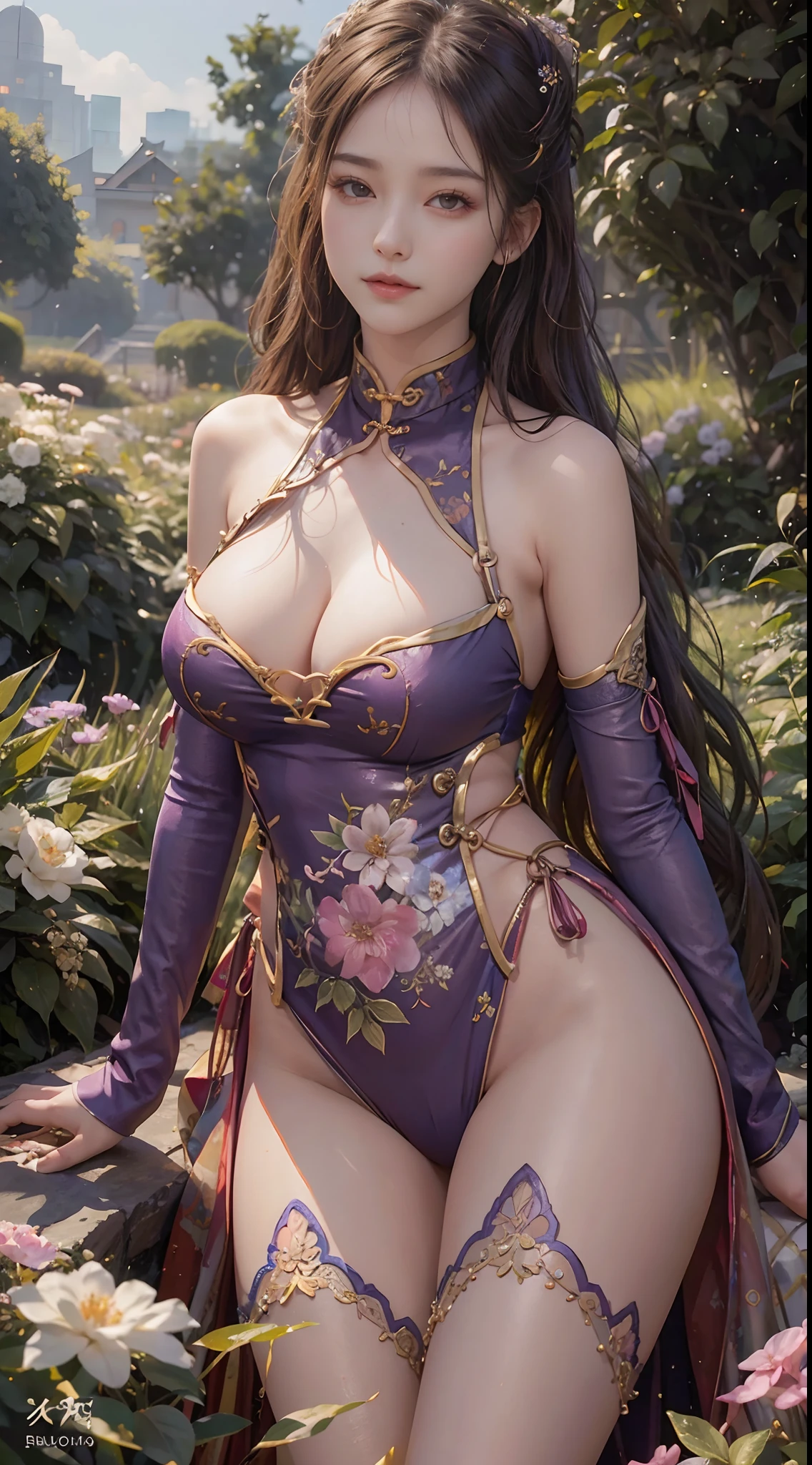 （From the outside） ， many color，Best quality at best，8K，real photograph，Delicate skin details，tmasterpiece，photograph of-realistic，Complicated details，RAW photogr,on the garden，ssmile，florals，Gorgeous cheongsam，Extra-long hair，cropped shoulders，delicated face，Expose cleavage，decorations，Perfect Finger，Dissection is correct，(Huge room，0.8)，big cuvy hips，shiny skins