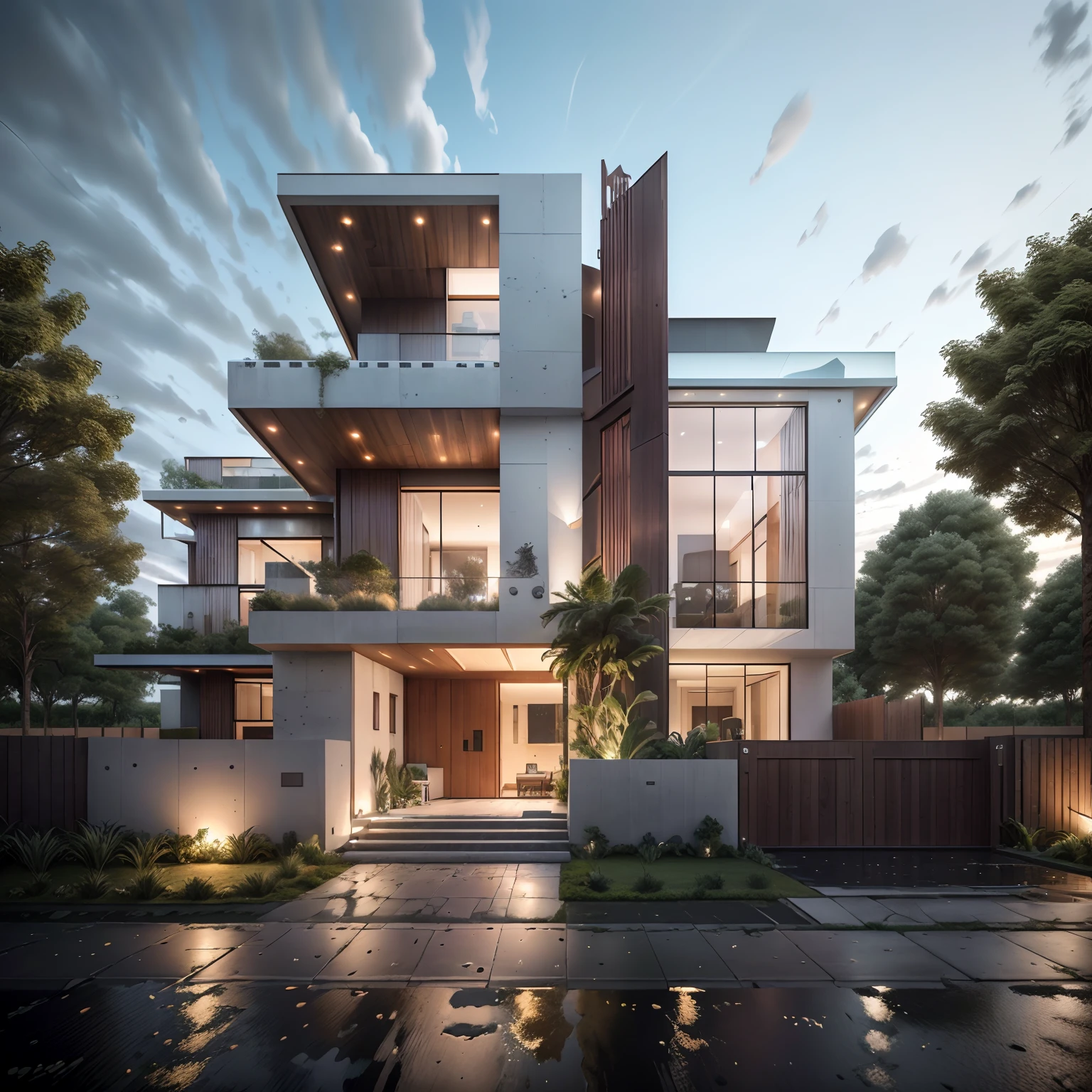 Bauhaus style house, glass house with a sloping roof, modern, dynamic (RAW photo, real, best quality, masterpiece:1.2), (hyper realistic, photo-realistic:1.2), high quality, (dark lighting:1.2), perfect lighting, archdaily