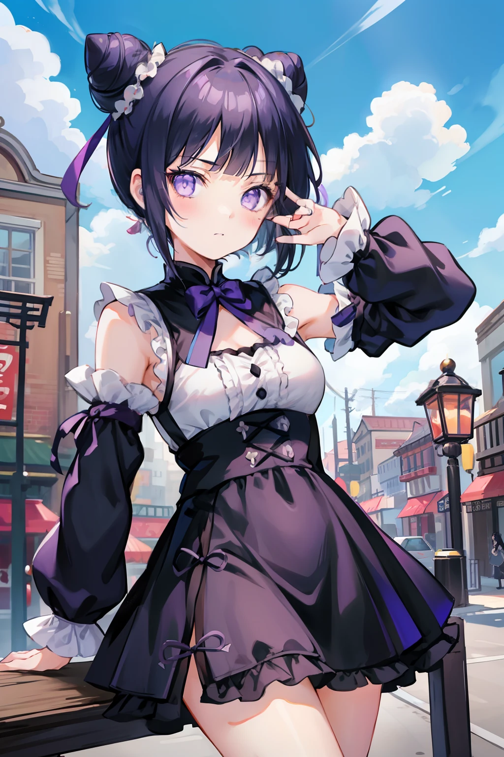 Gothic lolita、a miniskirt、chinese clothes、A dark blue-haired、Bun head、Futomo、Sleeved、Sleeveless、Eye Highlights、masterpiece、top-quality、top-quality、Beautifully Aesthetic:1.2)、(1girl in:1.3)、looking at the viewers、Chinatown、clouds、Blunt Bangs、Throat and face, purple eyes