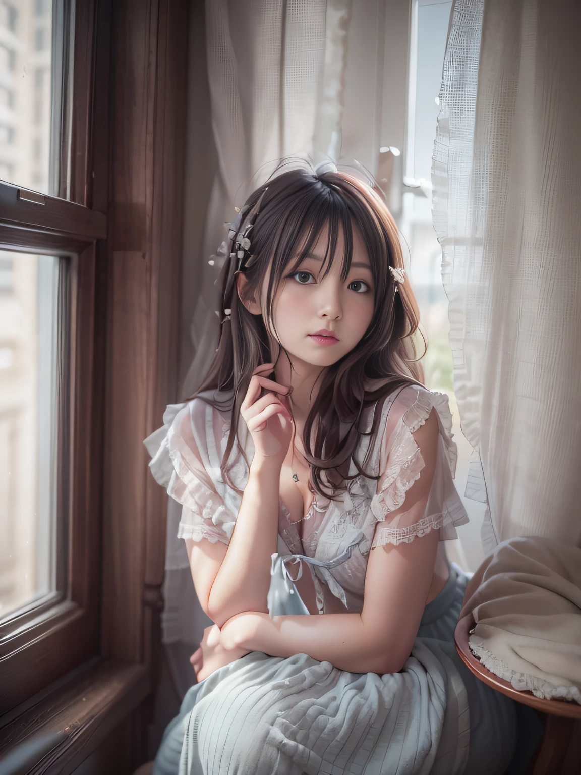 there is a young girl sitting on a bench by a window, anime. soft lighting, beautiful soft lighting, portrait soft light, soft light from the window, soft morning lighting, soft light from the side, gorgeous soft lighting, loli in dress, soft portrait shot 8 k, medium portrait soft light, soft light dull mood, portrait soft low light, cute young girl