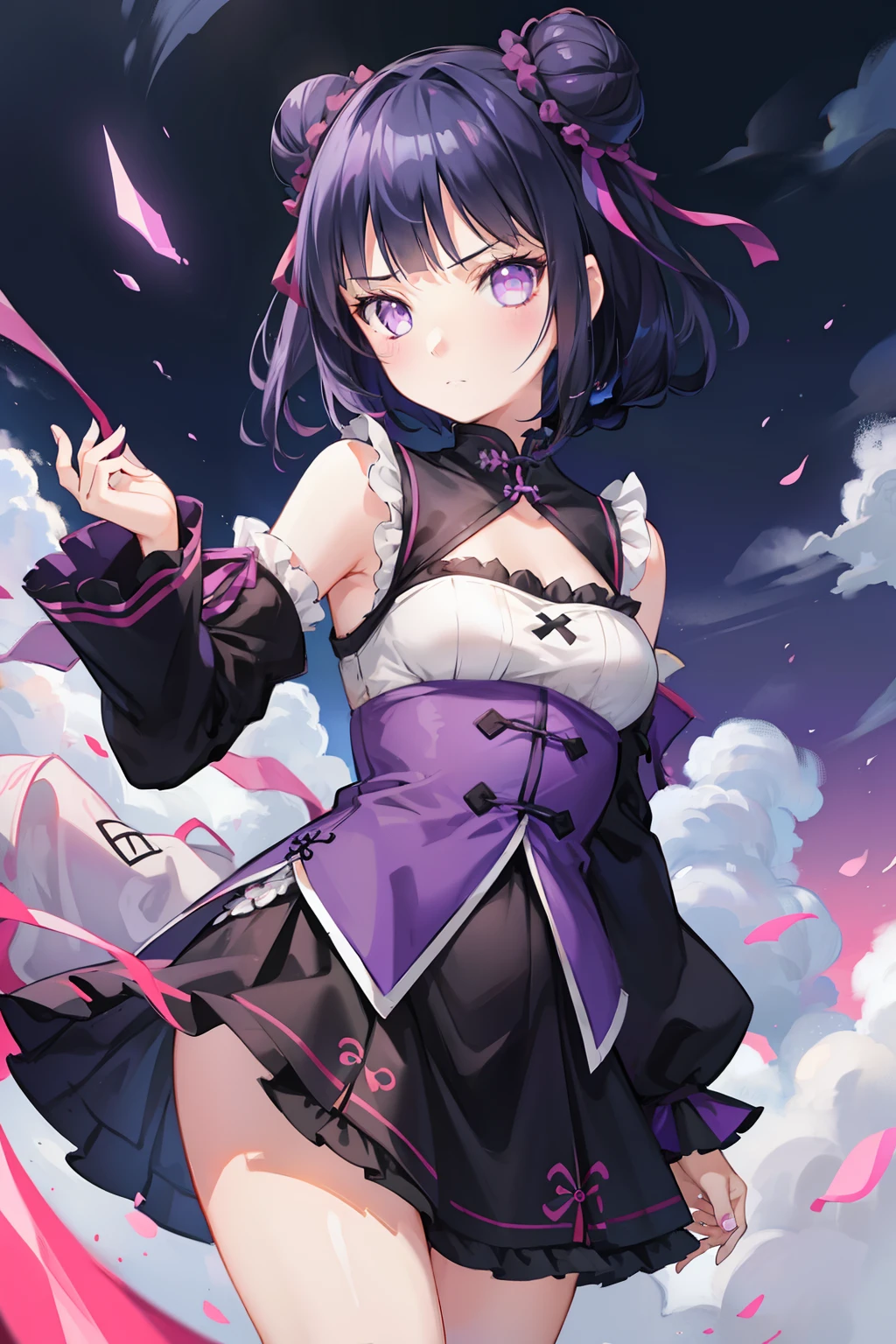 Gothic ta、a miniskirt、chinese clothes、A dark blue-haired、Bun head、Futomo、Sleeved、Sleeveless、Eye Highlights、masterpiece、top-quality、top-quality、Beautifully Aesthetic:1.2)、(1girl in:1.3)、looking at the viewers、Chinatown、clouds、Blunt Bangs、Throat and face, purple eyes