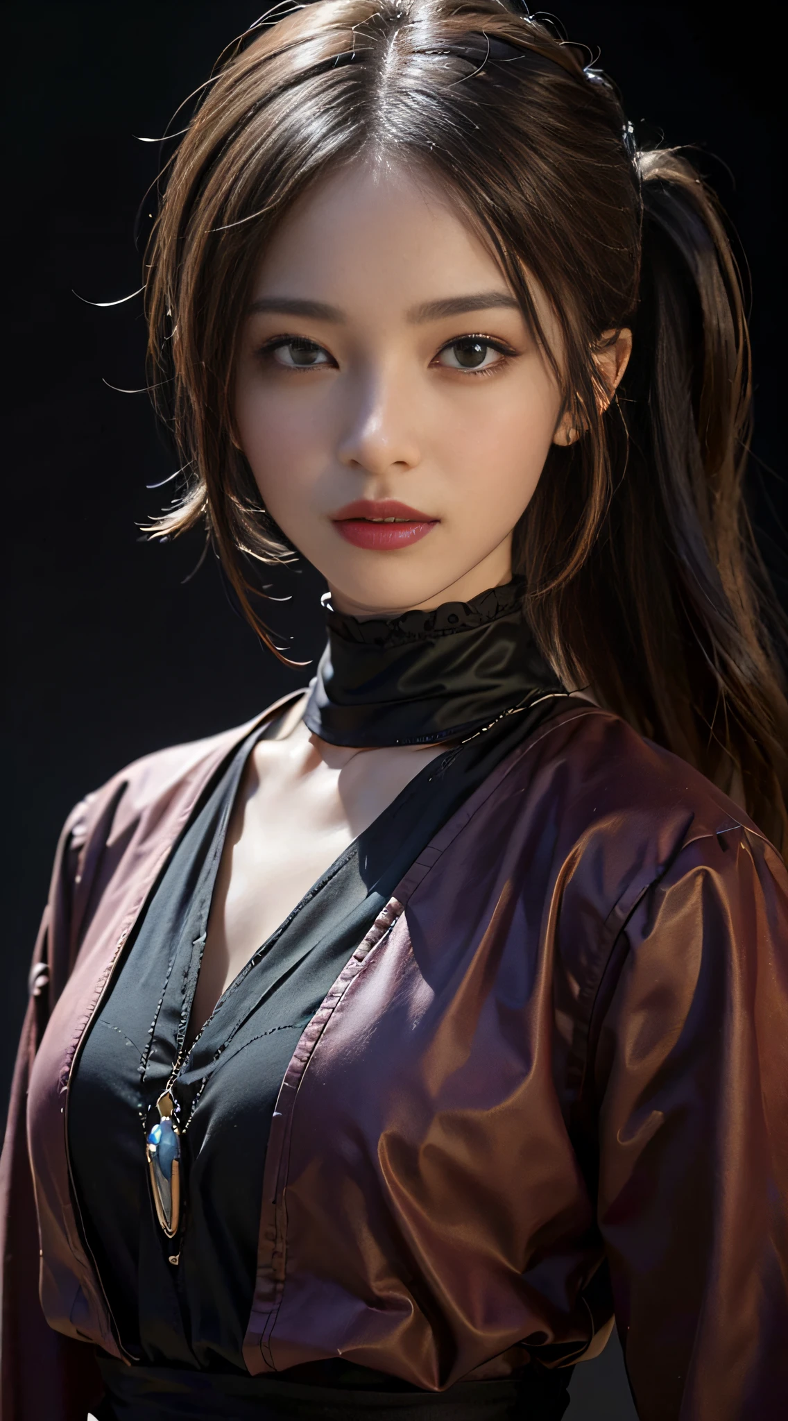 ((​masterpiece:1.4)、(top-quality:1.4)、(reallistic:1.7))、masuter piece:1.4、Portrait photo of a girl、Close-up photos、Upper body photography、beautiful countenance、Defiance、dark backgrounds、Narrow waist、poneyTail、Raw photo、red-lips、1 screen display、