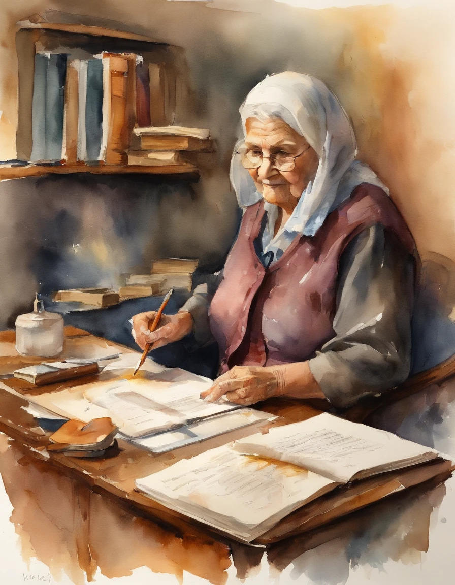 An old grandmother grading homework on her desk,Thick painting style