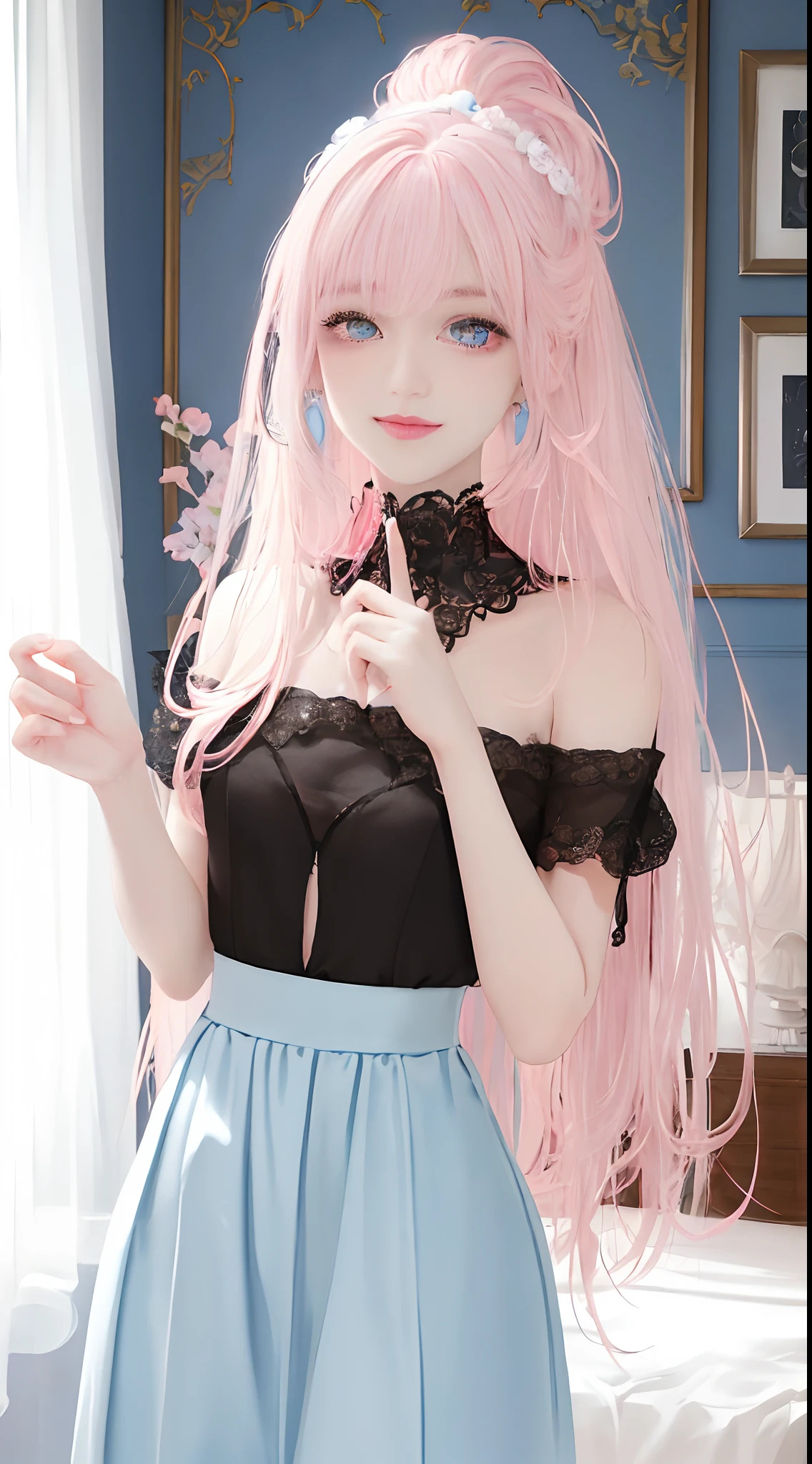 (masterpiece、top-quality)、1 beutiful girl、A smile、Slim body、(Black and white plain clothes:1.1)、(Detailed beautiful eyes)、Bedroom、in a house、((Pink longhair))、a small face、tall、((Light blue eyes))、kawaii pose