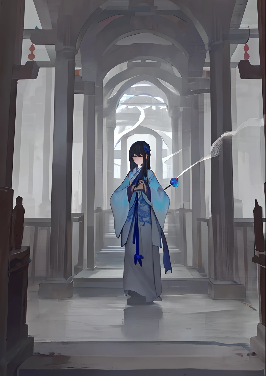 In a dark temple,A faint blue smoke rose in front of the shrine,Gradually condensed into a blurry figure。The silhouette of the figure became clear,A young woman dressed in an ancient Hanfu,Beautiful looks,But the eyes were bleak。