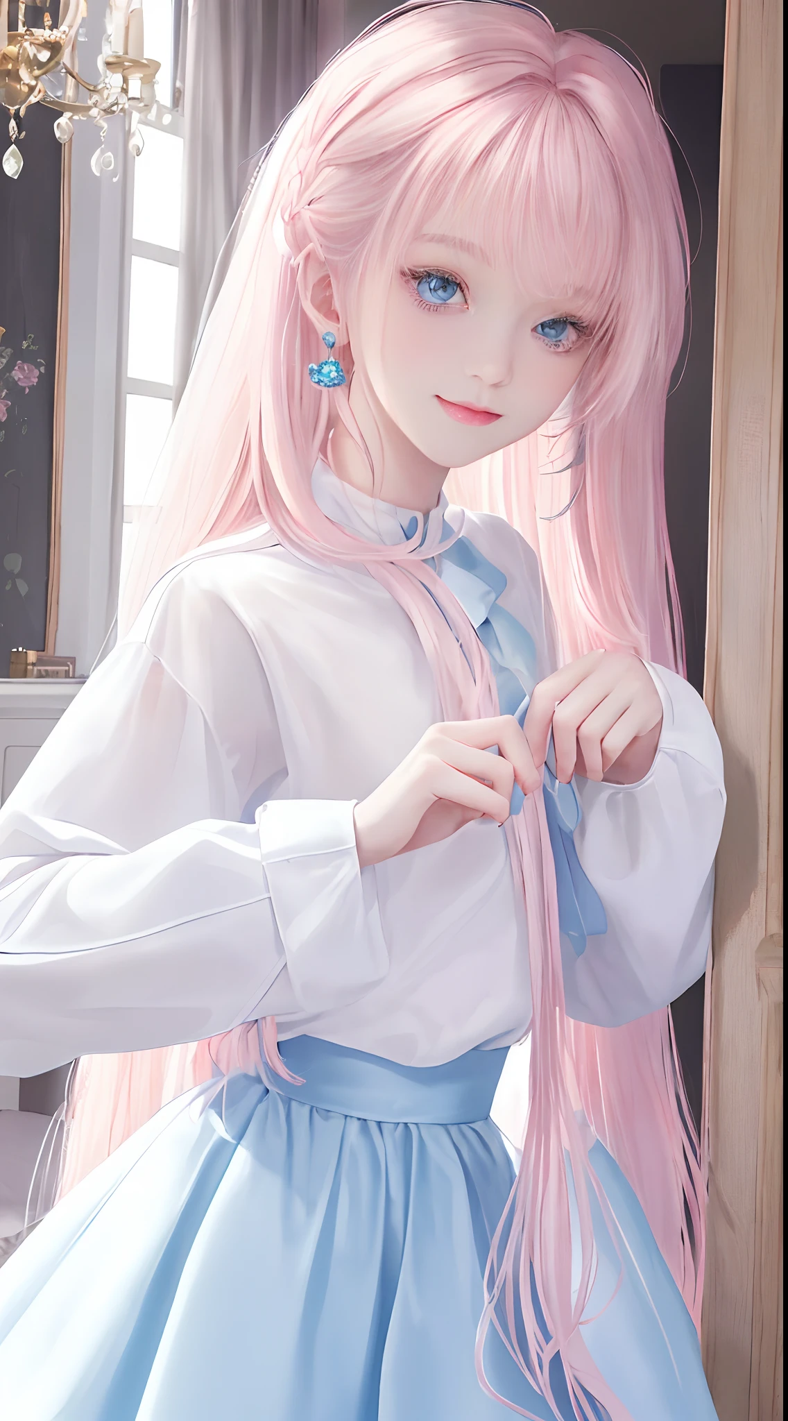 (masterpiece、top-quality)、1 beutiful girl、A smile、Slim body、(Black and white plain clothes:1.1)、(Detailed beautiful eyes)、Bedroom、in a house、((Pink longhair))、a small face、tall、((Light blue eyes))、kawaii pose