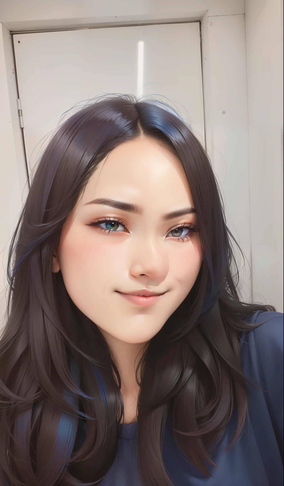 Rambut hitam glowing pantulan cahaya rambut biru, mulus lembut rapih, baju hitam