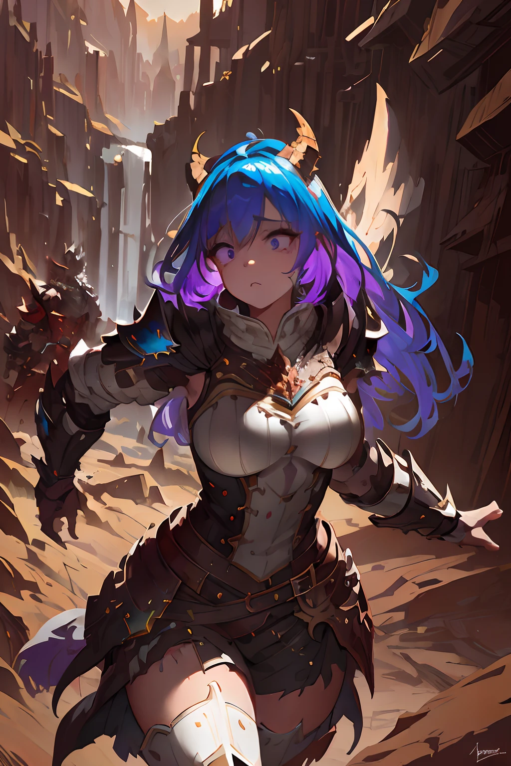 Beautiful woman, medium breasts, lavender hair, violet eyes, Dragon Armor, Dragon helmet, running from a forest fire, oil painting, detailed brush strokes, high contrast, vibrant colors, dramatic lighting, fantasy genre. (best quality, 8k, realistic:1.37), (forest fire), (Dragon Armor:1.1), (Dragon helmet:1.1), (running), (lavender hair), (violet eyes), (medium breasts), (oil painting), (detailed brush strokes), (high contrast), (vibrant colors), (dramatic lighting), (fantasy genre), (portrait style), (dynamic composition), (intense atmosphere), (heroic pose), (leaping movement), [soft pastels], [subdued tones], [gentle lighting], [dreamy atmosphere], [Golden Dragon Knight].