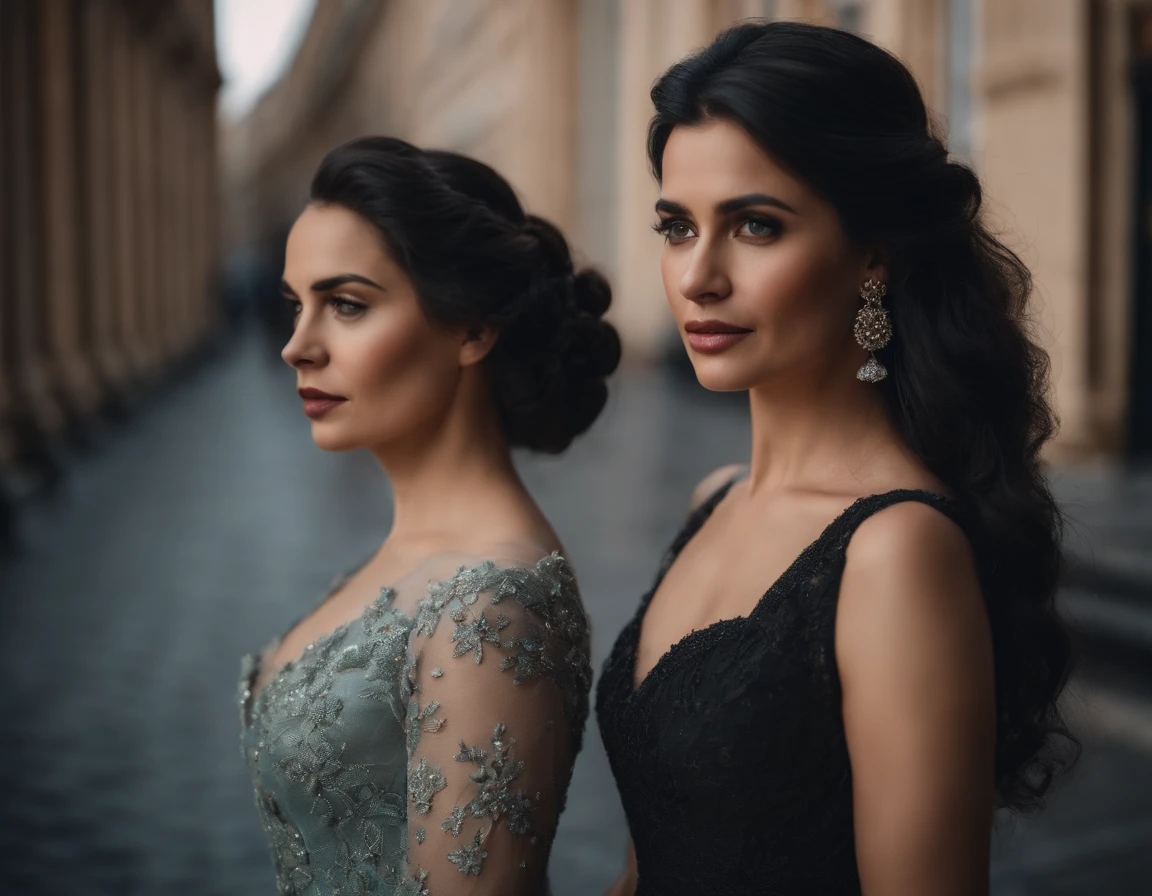 portrait photography, close up, masterpiece, 45 year old mother and 25 year old daughter, with long wavy black hair, elegant dresses, but the two sad seasons in the middle of the avenue, 35 mm, DLSR, film grain, cinematic, intricate details, 4K, 8k, HD