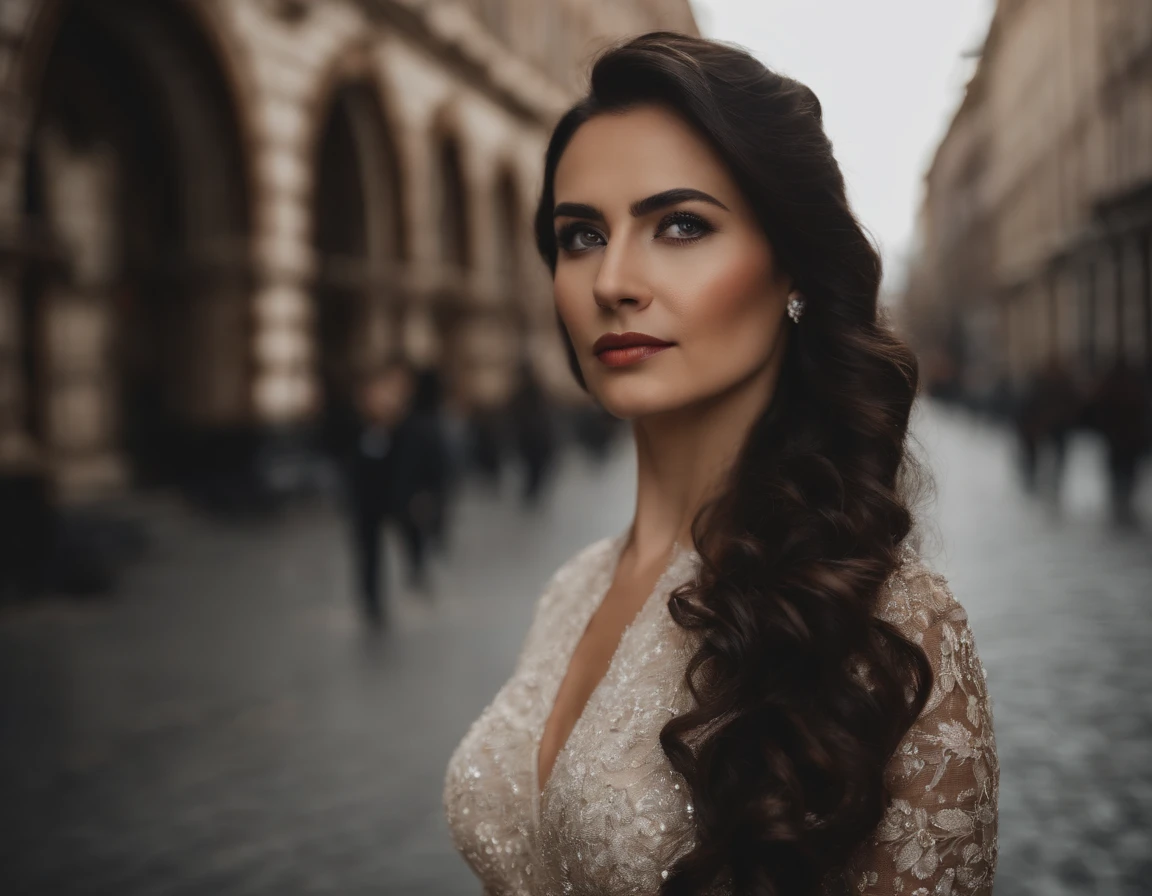 portrait photography, close up, masterpiece, 45 year old mother and 25 year old daughter, with long wavy black hair, elegant dresses, but the two sad seasons in the middle of the avenue, 35 mm, DLSR, film grain, cinematic, intricate details, 4K, 8k, HD