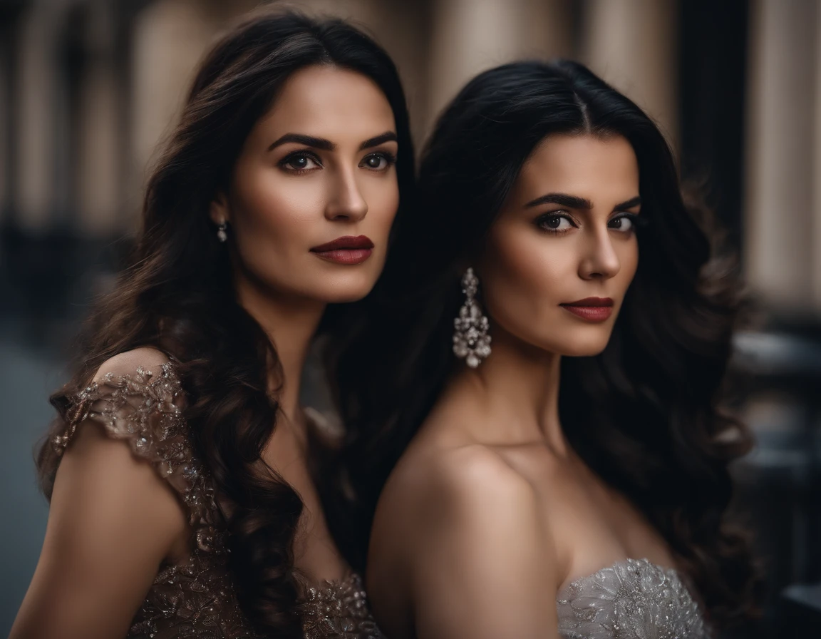 portrait photography, close up, masterpiece, 45 year old mother and 25 year old daughter, with long wavy black hair, elegant dresses, but the two sad seasons in the middle of the avenue, 35 mm, DLSR, film grain, cinematic, intricate details, 4K, 8k, HD