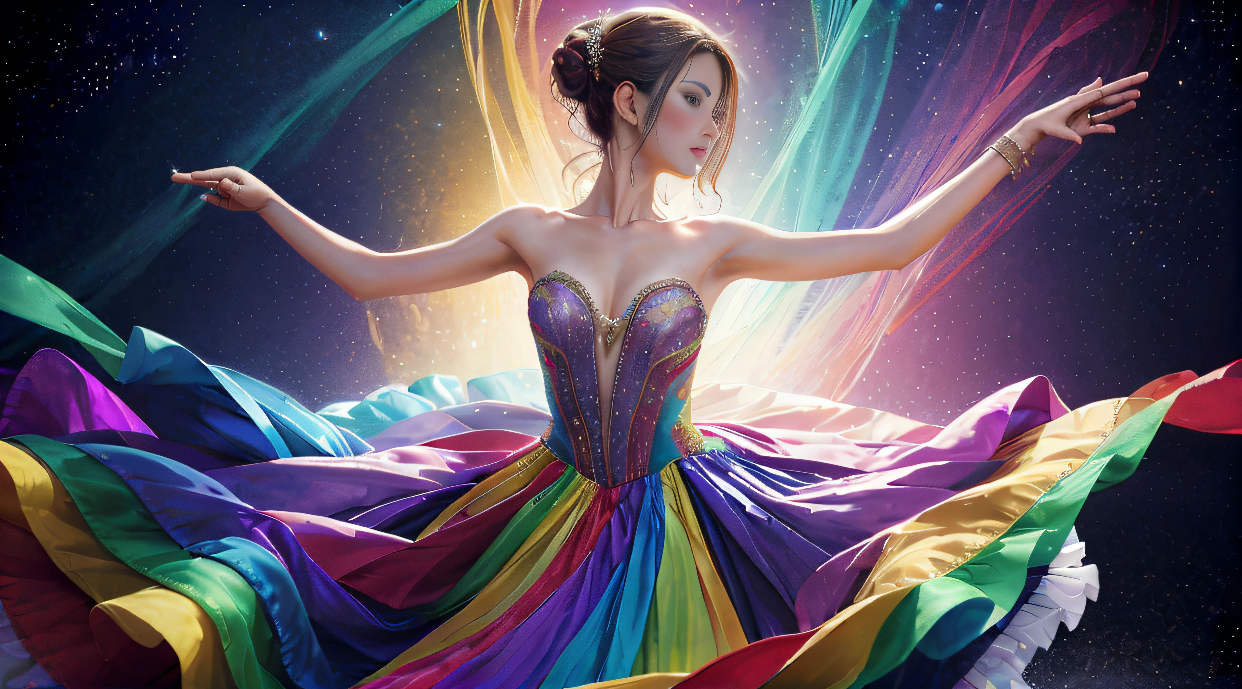 A classical dancer in rainbow dress (brunette, high bun, close eyes), 3rd position of classical dance, classical dance movement, high resolution, top detail, defined image quality. overview.