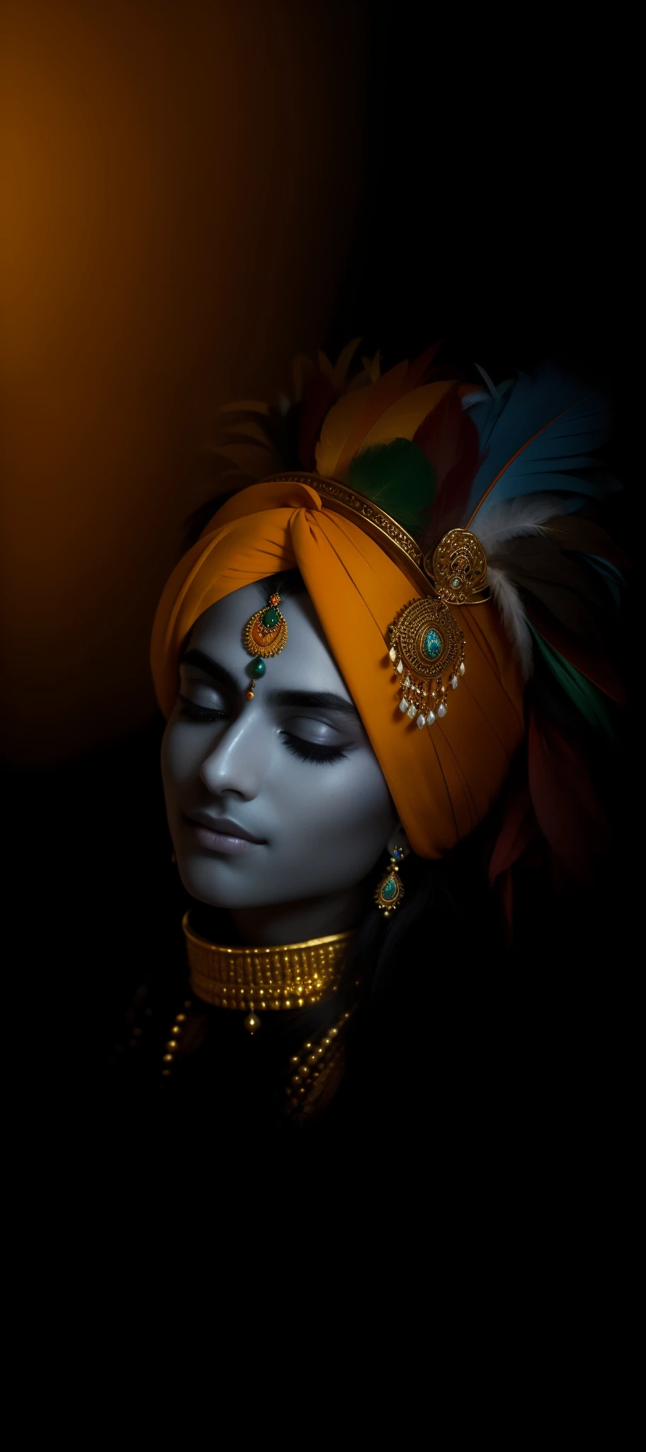 a close up of a person with a feather on their head, indian god, attractive male deity, color photograph portrait 4k, coy expression wearing intricate, an exhausted deity, serene expression, regal and menacing visage, his head covered in jewels, a stunning portrait of a goddess, peaceful expression, portrait of a beautiful goddess, closeup portrait shot, stylish deity