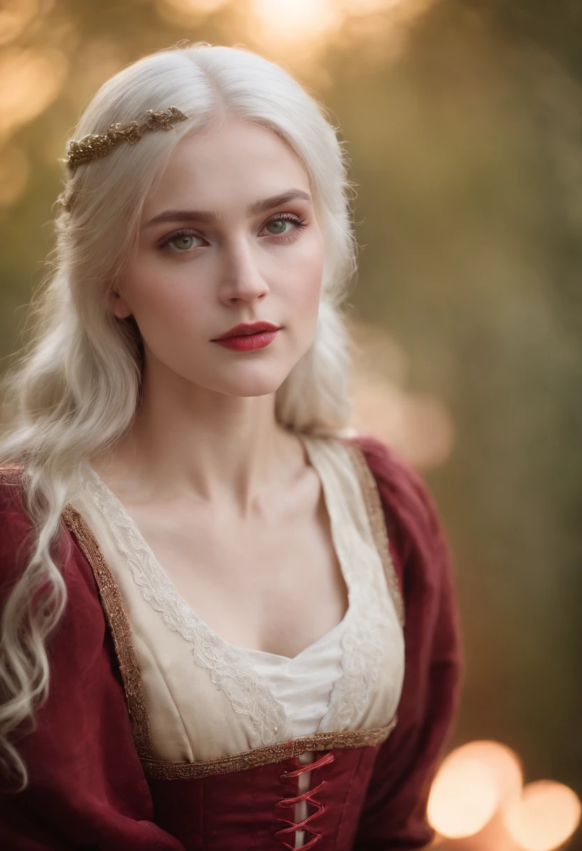 (((a deep reddish wound crosses her left cheek))) fair complexion, woman around 19 years old, natural white hair, distinctive green eyes, wearing kohl, slender and graceful, beautiful, candlelight in a medieval setting, ultra sharp focus, realistic shot, medieval female clothes, tetradic colors (scar:1.4)
