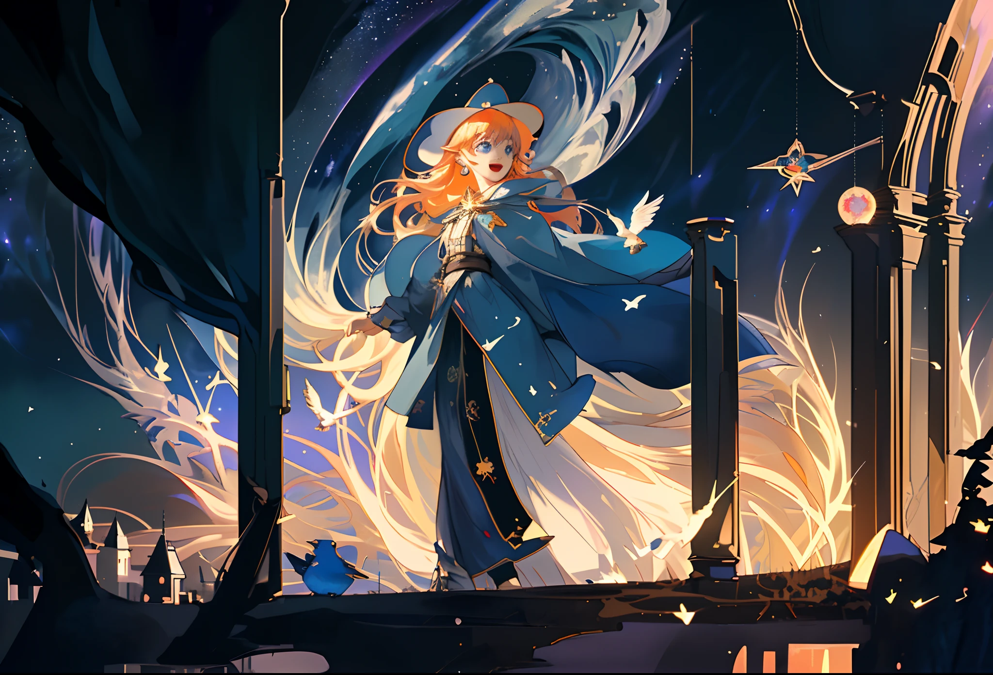 A girl sits at the station,Look at the starry sky clouds outside,fantasy,Dream,llight rays,((Masterpiece:1.2, Best quality)), 1girll, Solo, (Witch hat), Blonde hair, Long hair, dress, aurora, Night, Star (sky), mitts, sky, White dress, Jewel-like water balloon in the air,Night sky, Open mouth, Starry sky, Blue eyes, ribbon, Very long hair, Red dress, Smile, Hair ribbon, Cape, Blue hair, (Bird), magic, casting spell, Dark clouds, Night, (Impressionism:1.4), (tarot:1.3), Alphonse Mucha