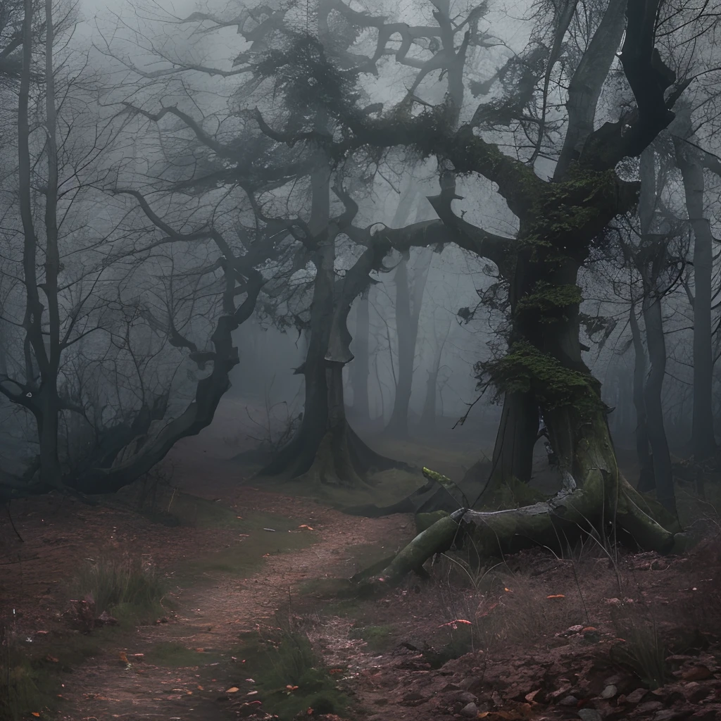 Horror, dark forest, black forest, fog, horror forest, dead trees, dying old grass, The Forgotten Trail, Crooked path in the forest, Gloomy Shadows, Light breaks through the branches of dry trees, Old spruce trees are hidden by clouds of fog, The old oak trees are long dead. The grass died, The grass is dry, There is no more life in it. Dead dried bushes are everywhere. dread, terror, the void. gloom, greyness. Longing and despair, Everything is meaningless, There is emptiness in the soul and the trees have rotted, A rotten, gloomy autumn has come