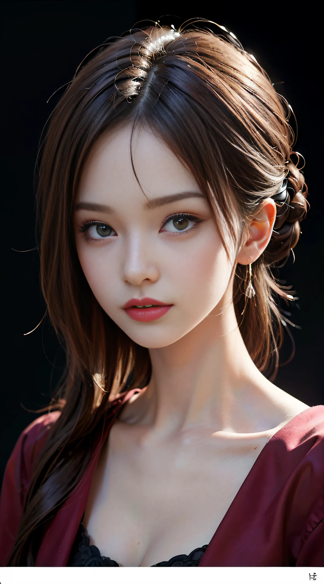 ((​masterpiece:1.4)、(top-quality:1.4)、(reallistic:1.7))、masuter piece:1.4、Portrait photo of a girl、Close-up photos、Upper body photography、beautiful countenance、defiance、dark backgrounds、Narrow waist、poneyTail、Raw photo、red-lips、1 screen display、