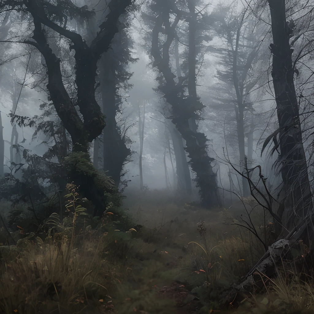 Horror, dark forest, black forest, fog, horror forest, dead trees, dying old grass, The Forgotten Trail, Crooked path in the forest, Gloomy Shadows, Light breaks through the branches of dry trees, Old spruce trees are hidden by clouds of fog, The old oak trees are long dead. The grass died, The grass is dry, There is no more life in it. Dead dried bushes are everywhere. dread, terror, the void. gloom, greyness. Longing and despair, Everything is meaningless, There is emptiness in the soul and the trees have rotted, A rotten, gloomy autumn has come