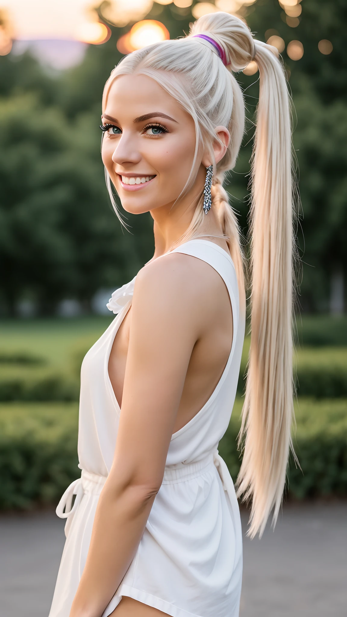 Hyper realistic and detailed full body photo of one blonde (white hair with a ponytail) young smiling beautiful woman wearing a modern trendy colorful and casual outfit. Sunset. Park. perfect eyes, (Eye makeup:1.1), (highly detailed skin:1.1), RAW, analog style, sharp focus, 8k UHD, DSLR, high quality, Fujifilm XT3, grain, award winning, masterpiece.