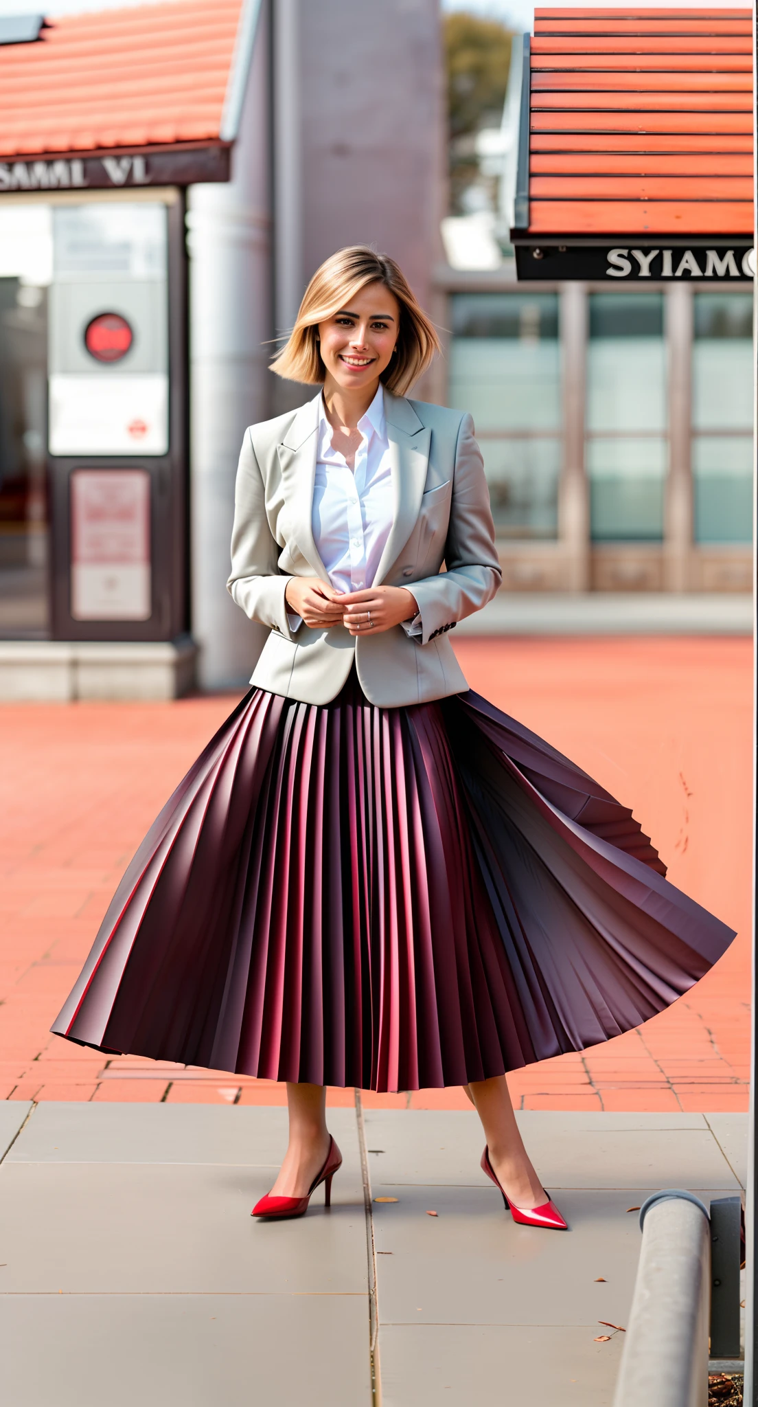 very (seductive:1,9) smiling attractive lesbian woman wearing short blazer and very very detailed (long (fully pleated) full circle skirt) and (simple) low heeled office shoes, very very intricate hyper-detailed symmetric (attractive graceful young feminine face) with (sad, tired eyes and a shy smile), large breasts, full of empathy and compassion and love, (pronounced (feminine) features), (highly detailed ultra accurate realistic) hands and fingers, (windy conditions and wind blowing), epic composition, highly detailed attributes, highly detailed atmosphere, (35mm f1.4 Kodak portra 400 photograph), extremely high quality RAW photograph,
