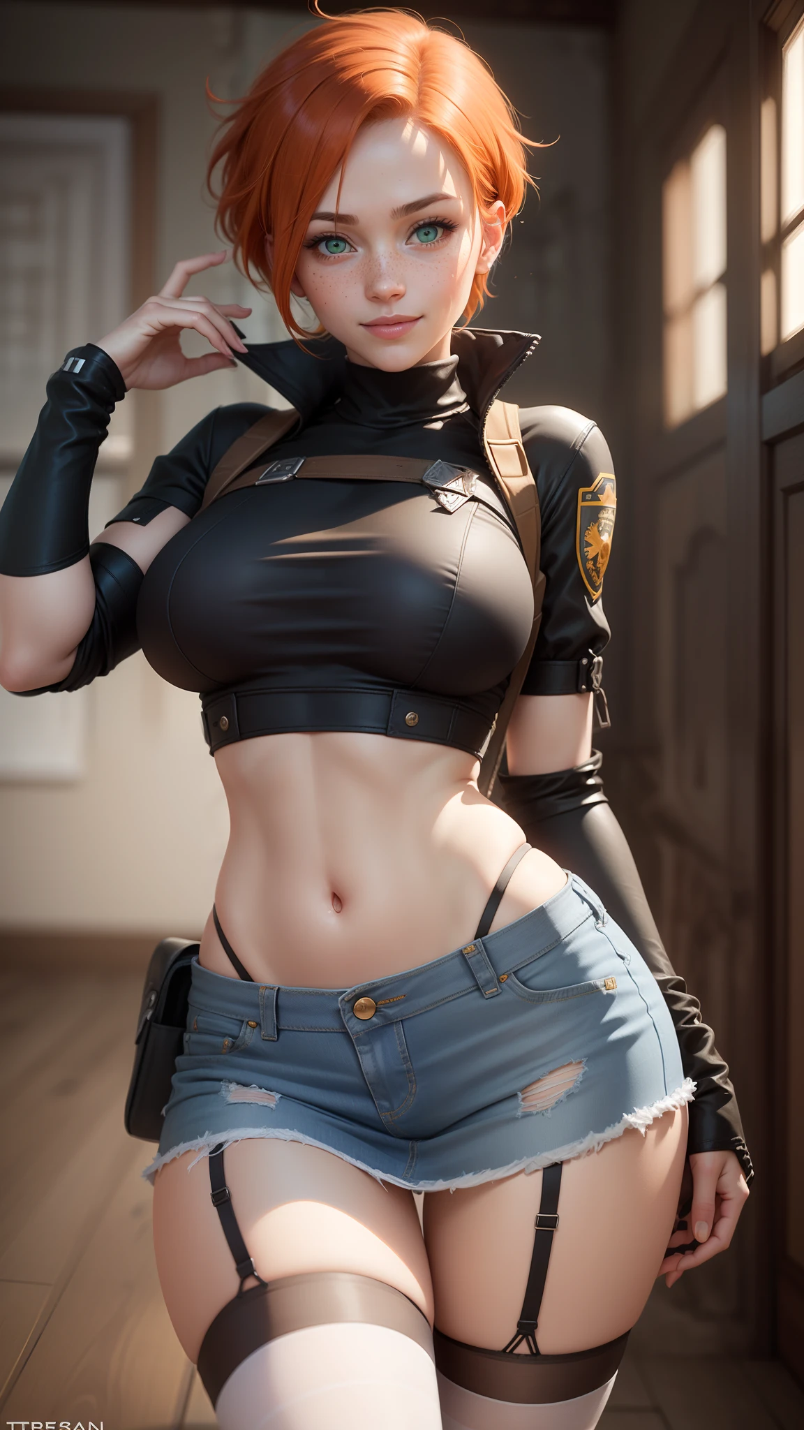 gwen tennyson,tracer,yorha 2b,gundam, rebecca chambers,lara croft,pilot uniform,teenager, green eyes,garter belt,striped underwear,short hair,orange hair,hot springs,shy smile,ginger,white striped top,denim micro skirt,freckles,beautiful girl,stockings,large breasts,ultra detailed,realistic,