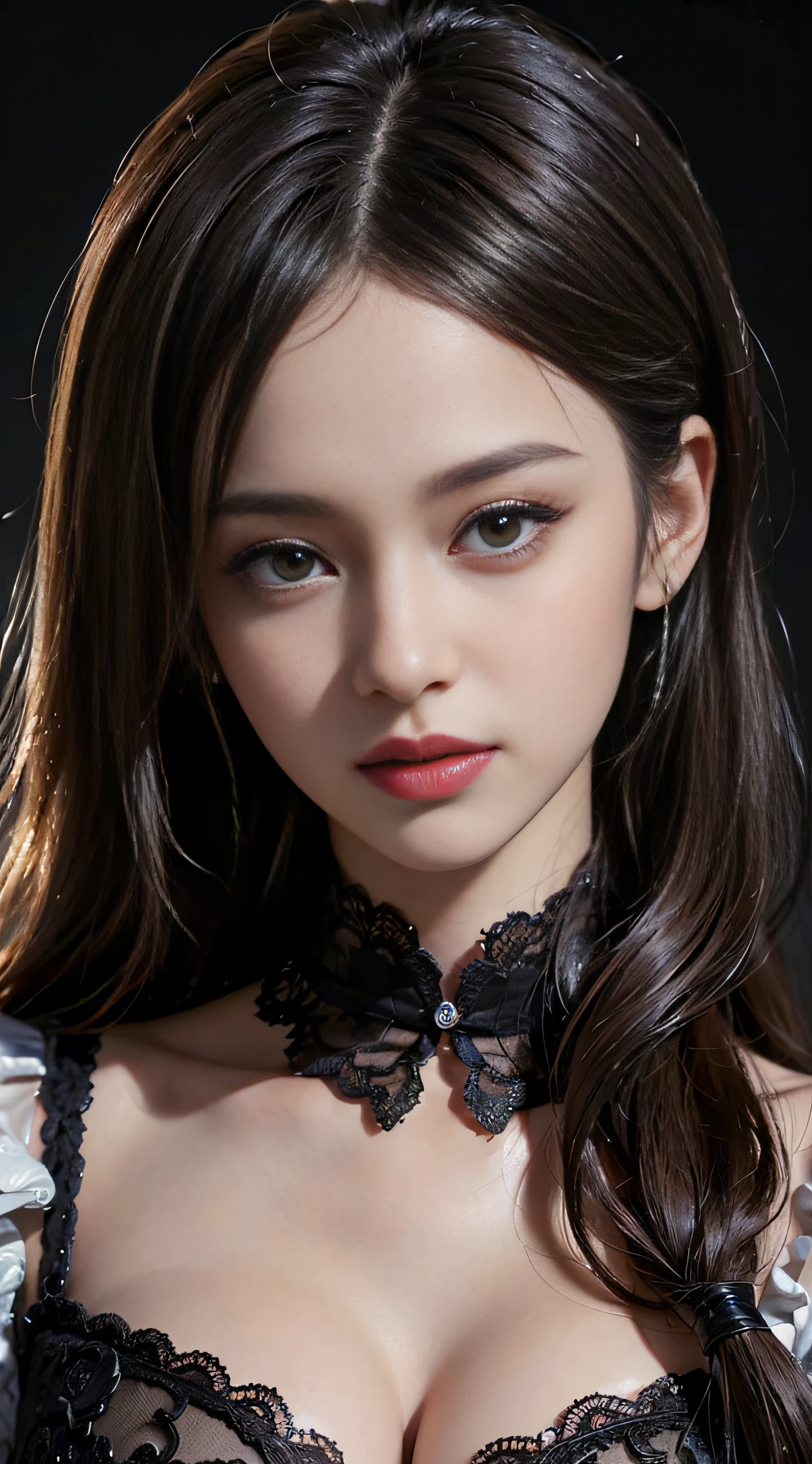 ((​masterpiece:1.4)、(top-quality:1.4)、(reallistic:1.7))、masuter piece:1.4、Portrait photo of a girl、Close-up photos、Upper body photography、beautiful countenance、defiance、dark backgrounds、Narrow waist、poneyTail、Raw photo、red-lips、1 screen display、
