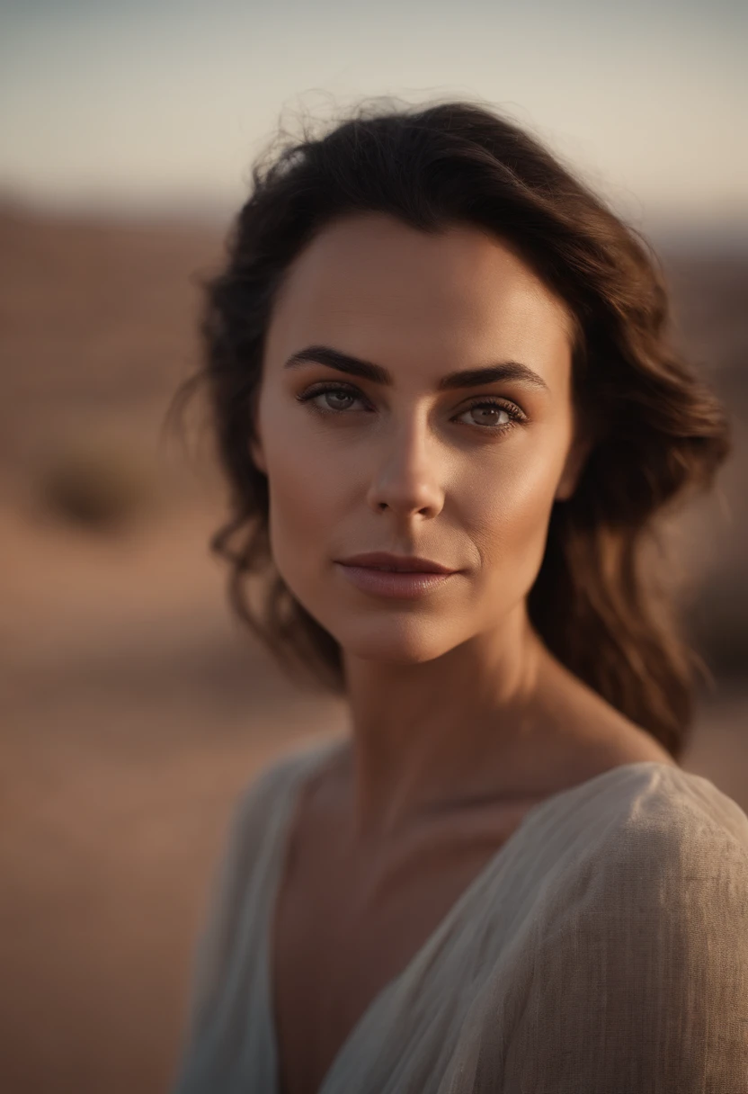 portrait femme, vue de face, belle, Talk to the camera. Desert background, visage gros plan, age 30ans, yeux bleus