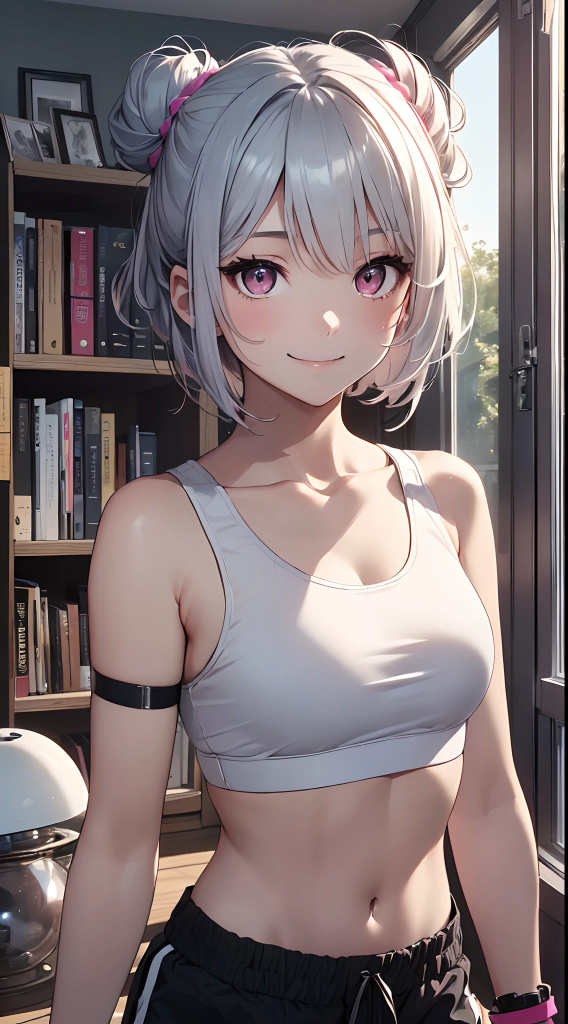 top-quality、Top image quality、masterpiece、girl with((18year old、Open white Y-shirt、Black Sports Bra、Black shorts、Short hairstyle with silver hair and bob, Hair tied in a bun with a hair clip, Pink eyes、Happiness、Black wristband on wrist、A slender、耳Nipple Ring、The wind blows,Smile、Undressing))hiquality、Camera Film Style、Background with((Nice and clean room.))、Depth(The table、DVR、bookcase)masutepiece、cool style、Elaborate design、visualart