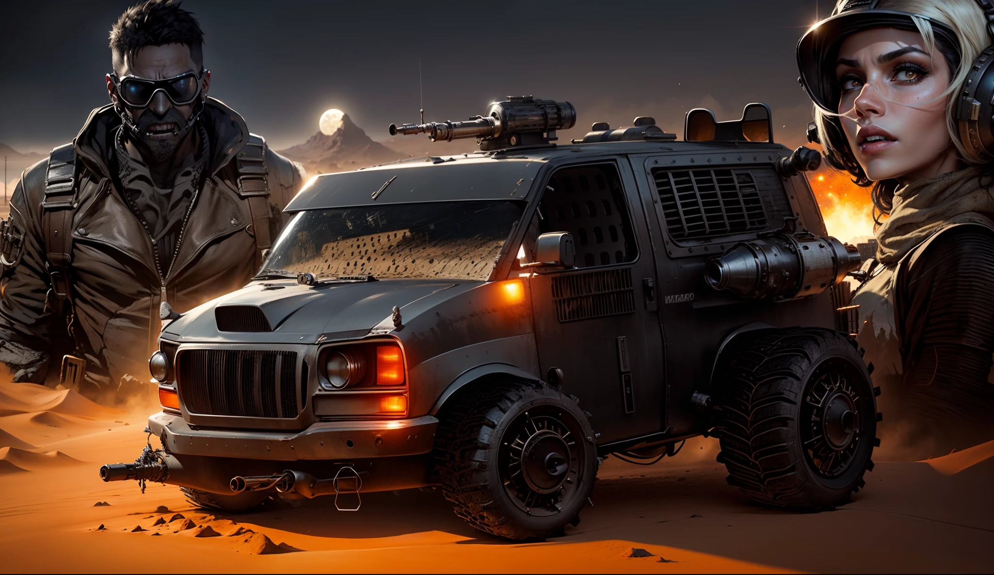 Um carro preto e estragado no estilo de Mad Max todo poderoso com torpedos e turbina, behind a pilot in Mad Max-style clothes and on the other side a beautiful Mad Max-style warrior woman and in the background a city in the middle of the desert with Mad Max-style buildings and constructions, The whole scene is in orange yellow hues of the dry desert with the moon shining in a sky of stars