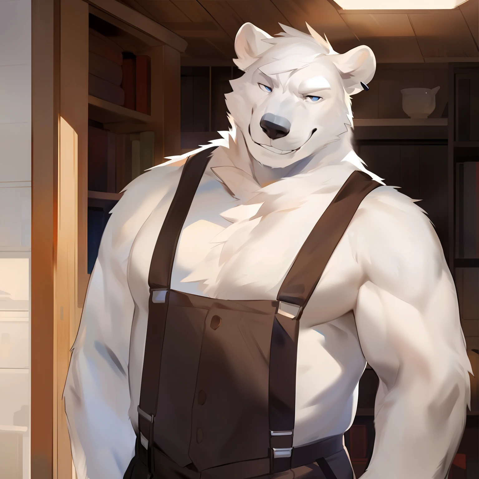 Solo, Male, polar bear, (short hair, snout), messy fur, messy hair, fat, big fat, musclechub, horny, aroused, smirking, notched ear, by Bebebebebe, by Spikes, By Darkgem, by Mystic Fox 61, by Chunie, standing, suspenders, looking at viewer