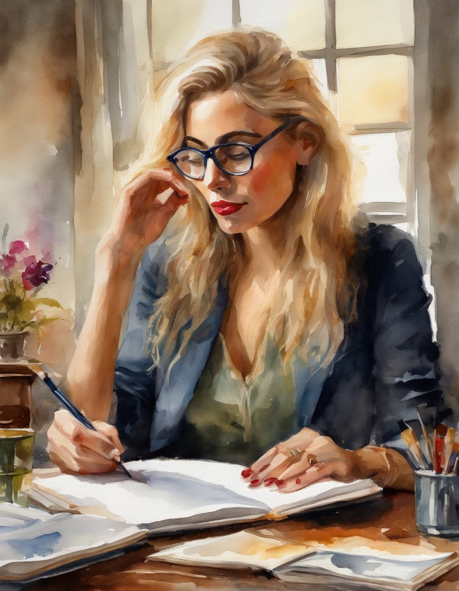 A blonde-haired female writer wearing horn-rimmed glasses does her homework on her desk, painting style