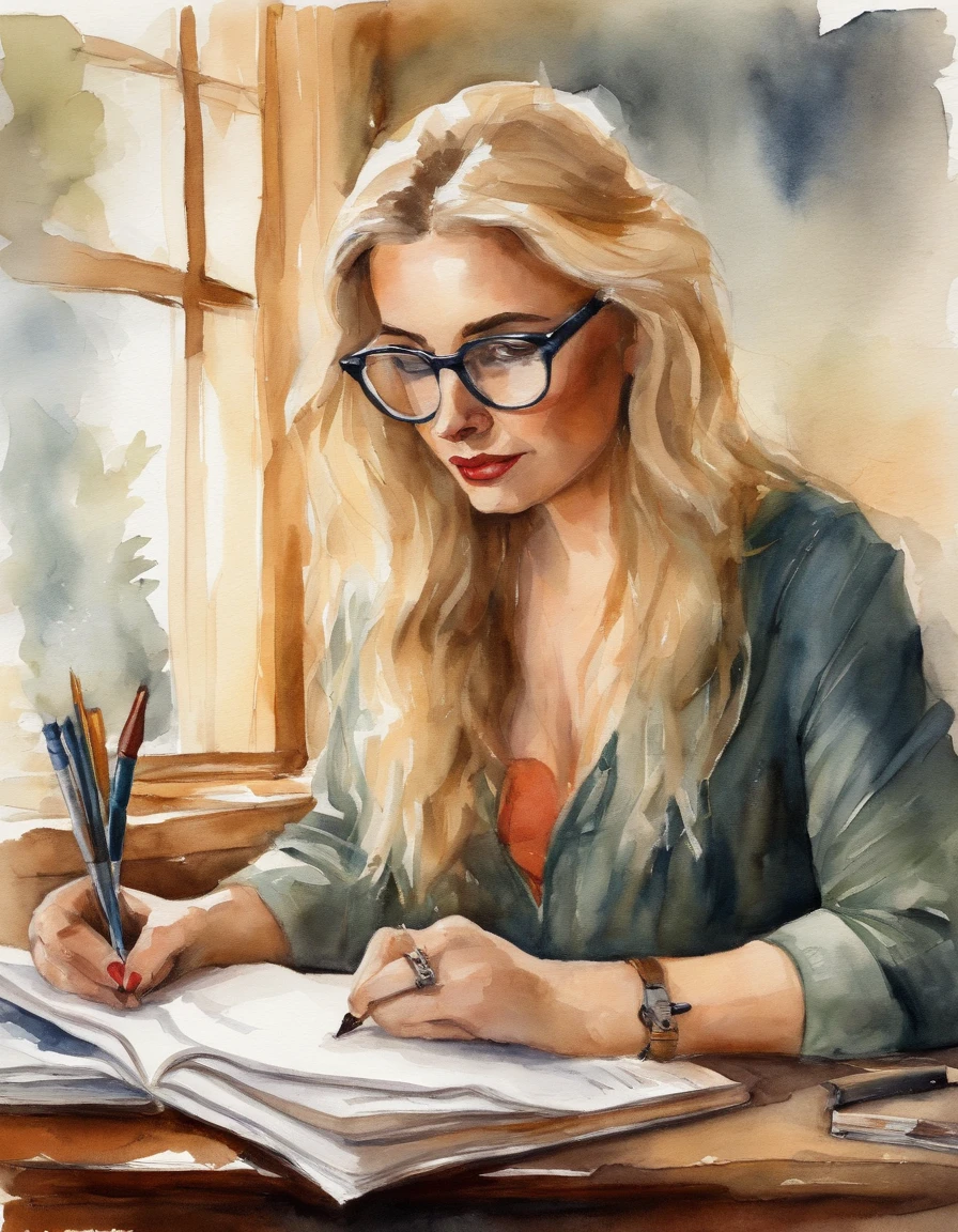 A blonde-haired female writer wearing horn-rimmed glasses does her homework on her desk, painting style