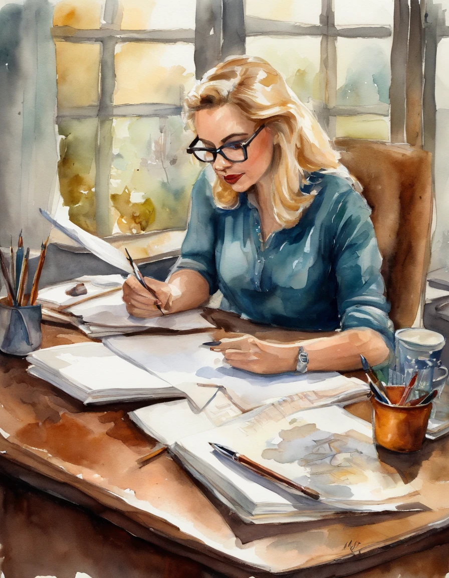 A blonde-haired female writer wearing horn-rimmed glasses does her homework on her desk, painting style
