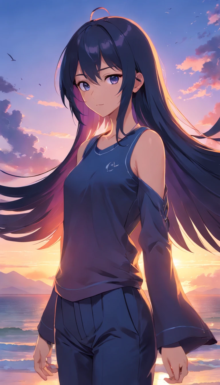 Masterpiece, Best quality, cinematic Film still from, 1girll, monstergirl, Raven woman, full bodyesbian, Portrait, Detailed (Eyes), Long (Hair), Perfect body, Proportional body, crow|raven wings, deep look, Wearing (Tops and pants), Close-up, Cool soft lighting, Sunset, (Aura:0.7)