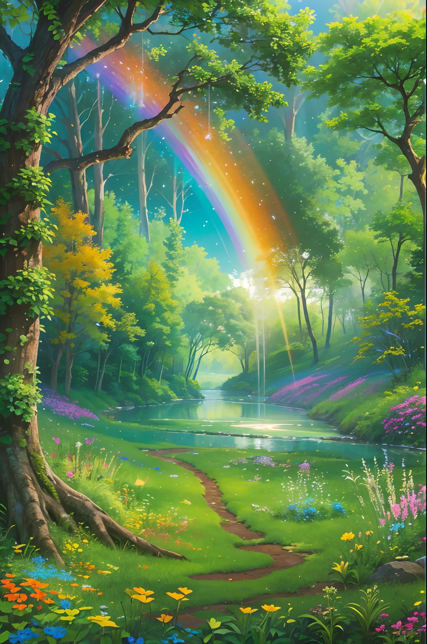 (best quality,highres),(vibrant colors,colorful:1.1),(realistic:1.1),(rainbow),(beautiful detailed scenery),(bright sunlight),(nature),(serene atmosphere),(dewdrops on leaves),(shimmering),(smooth gradient),(crisp and clear),(impressive spectrum of colors),(magical),(prismatic light rays),(clear blue skies),(puffy white clouds),(lush green grass),(sparkling water),(happy and joyful),(peaceful),(harmony),(radiant),(fresh and invigorating),(brilliant display of colors),(tranquil),(breathtaking view),(ethereal),(majestic),(blissful),(captivating scene),(delightful),(serendipitous),(boundless beauty),(rapturous),(surreal vision),(enchanted),(uplifting),(stunning),(awe-inspiring),(mesmerizing),(immaculate)