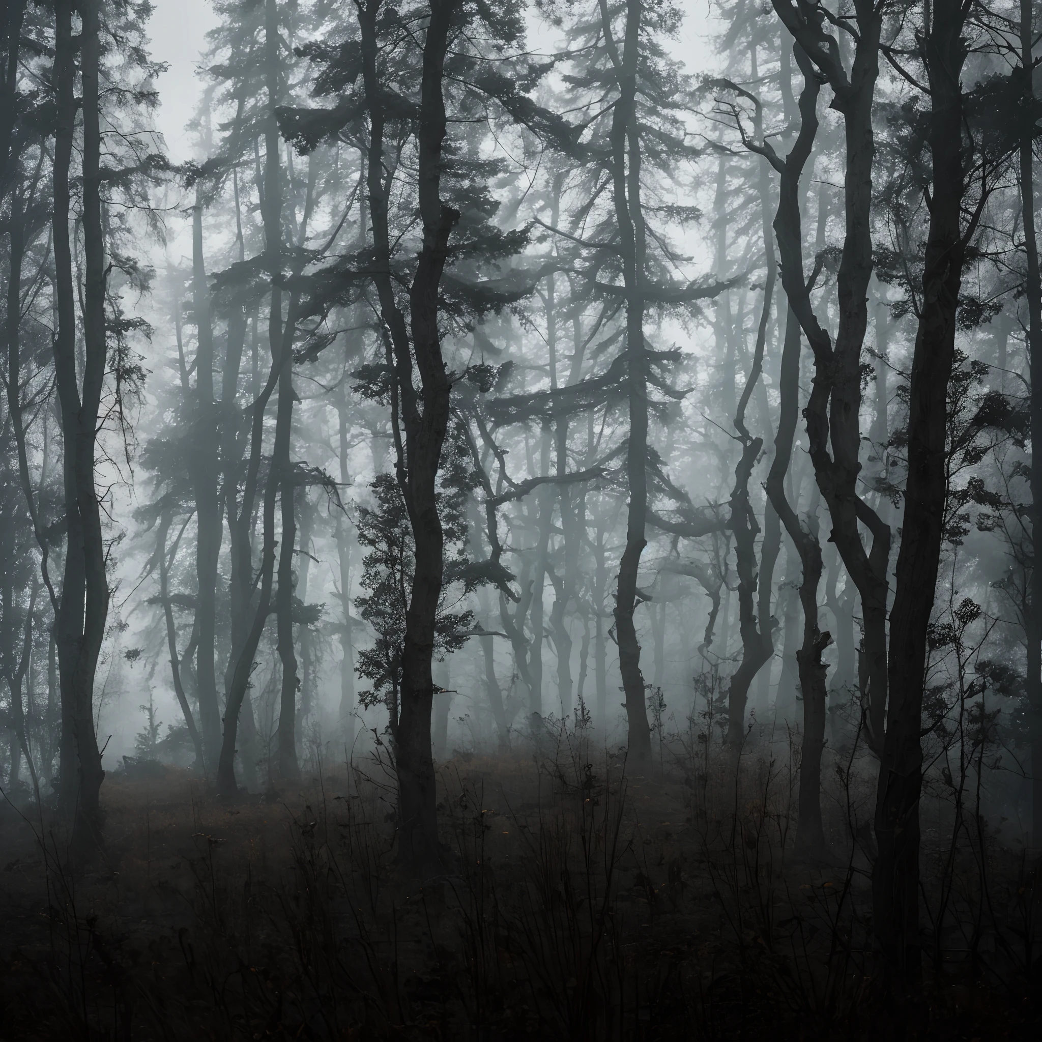 Horror, dark forest, black forest, fog, horror forest, dead trees, dying old grass, The Forgotten Trail, Crooked path in the forest, Gloomy Shadows, Light breaks through the branches of dry trees, Old spruce trees are hidden by clouds of fog, The old oak trees are long dead. The grass died, The grass is dry, There is no more life in it. Dead dried bushes are everywhere. dread, terror, the void. gloom, greyness. Longing and despair, Everything is meaningless, There is emptiness in the soul and the trees have rotted, A rotten, gloomy autumn has come