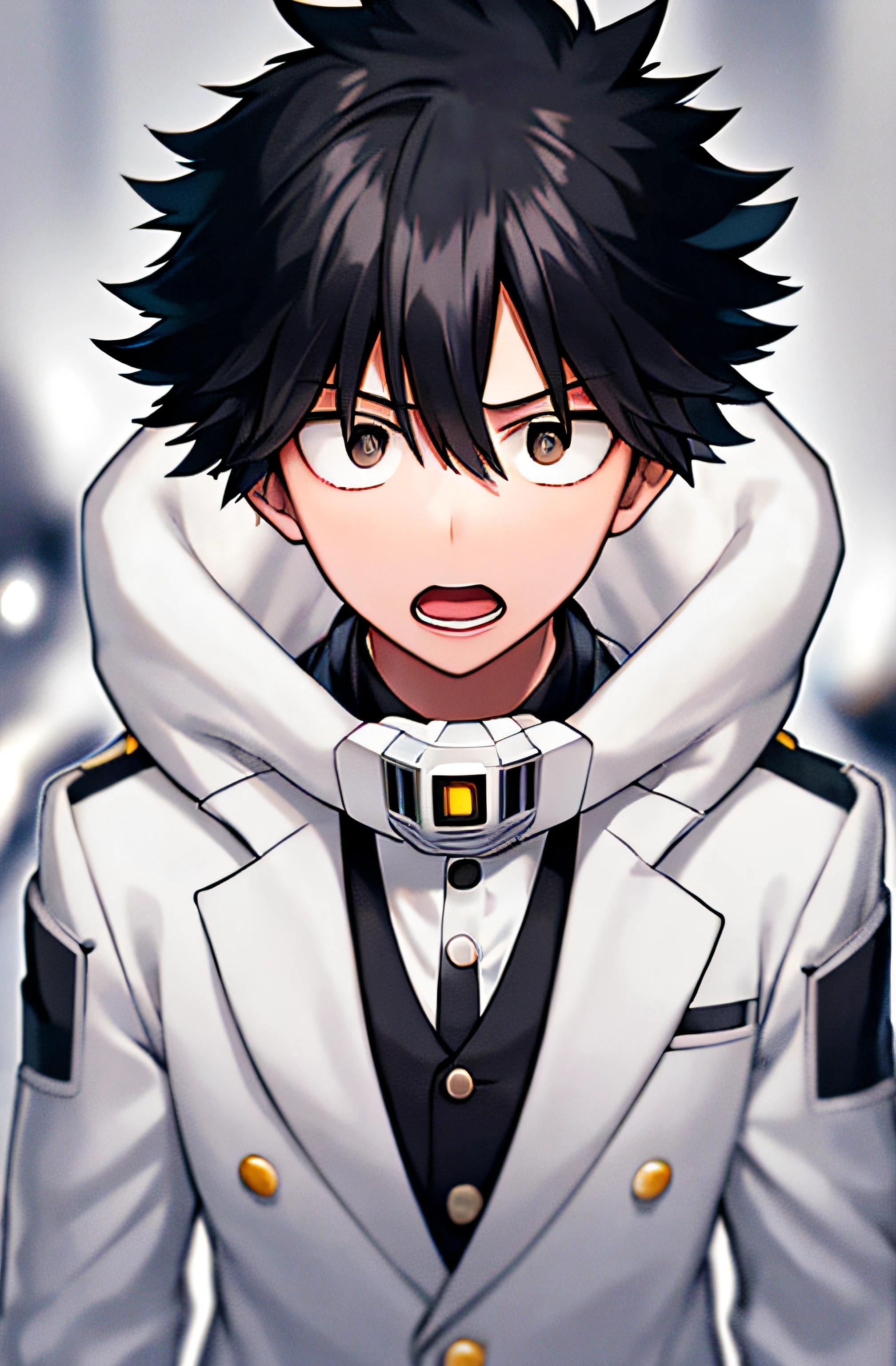 horikoshi kouhei, 1boy, white coat, black hair, blurry, blurred background, boku no hero academia, high resolution, stare, male focus, open mouth, black eyes, short hair, quiff hair, coat, twitter username, thoughtful