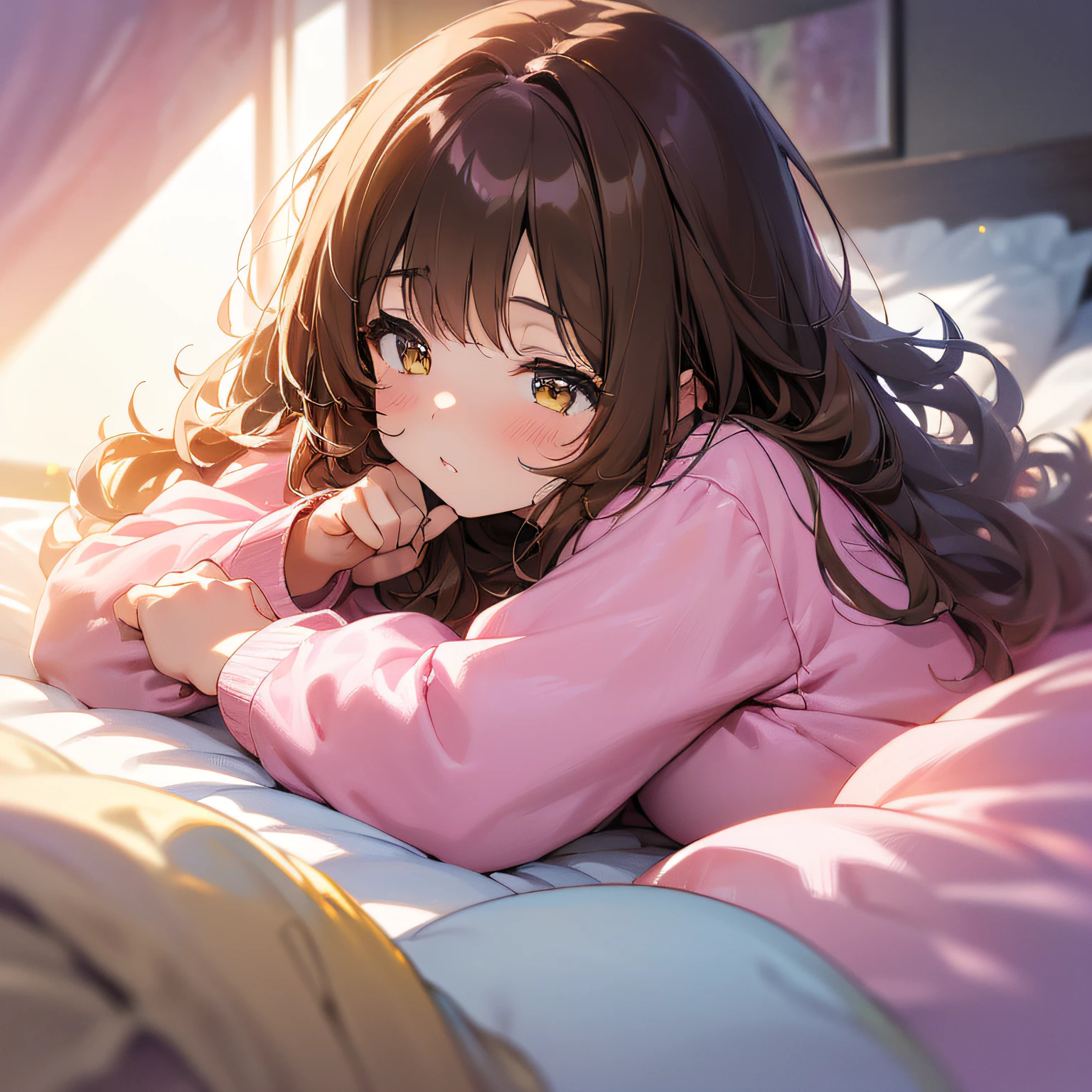 (a sleepy girl with messy hair, brown hair, light-yellow eyes with pink sparkles, wearing a white and pink pajama),(oil painting, soft brushstrokes),(soft and warm lighting),(best quality, highres, ultra-detailed),vivid colors, peaceful scenery, dreamy atmosphere, cozy bedroom, soft pillows, fluffy blanket, flowers in the background, soothing pastel colors