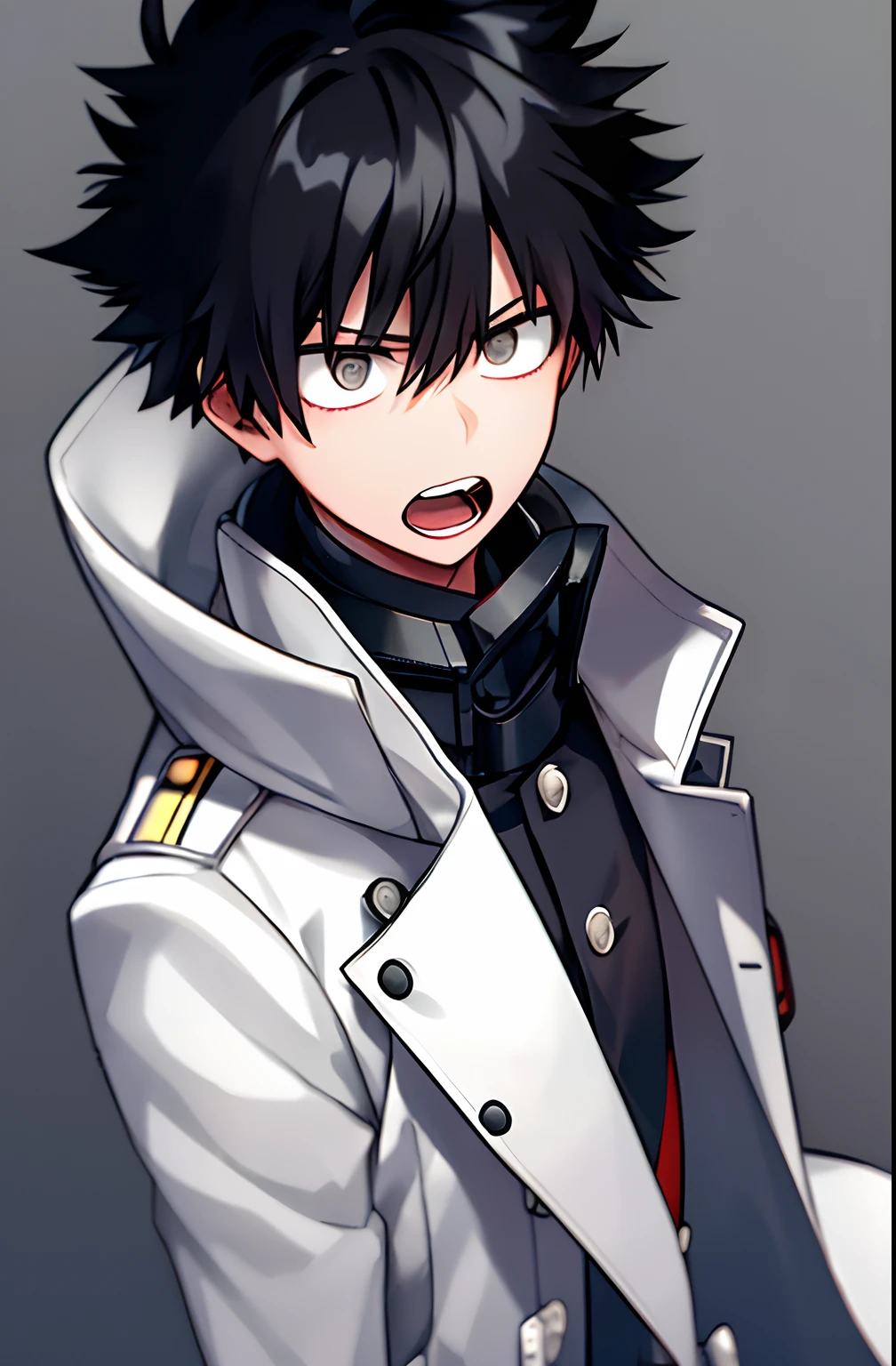 horikoshi kouhei, 1boy, white coat, black hair, blurry, blurred background, boku no hero academia, high resolution, stare, male focus, open mouth, black eyes, short hair, quiff hair, coat, twitter username, thoughtful