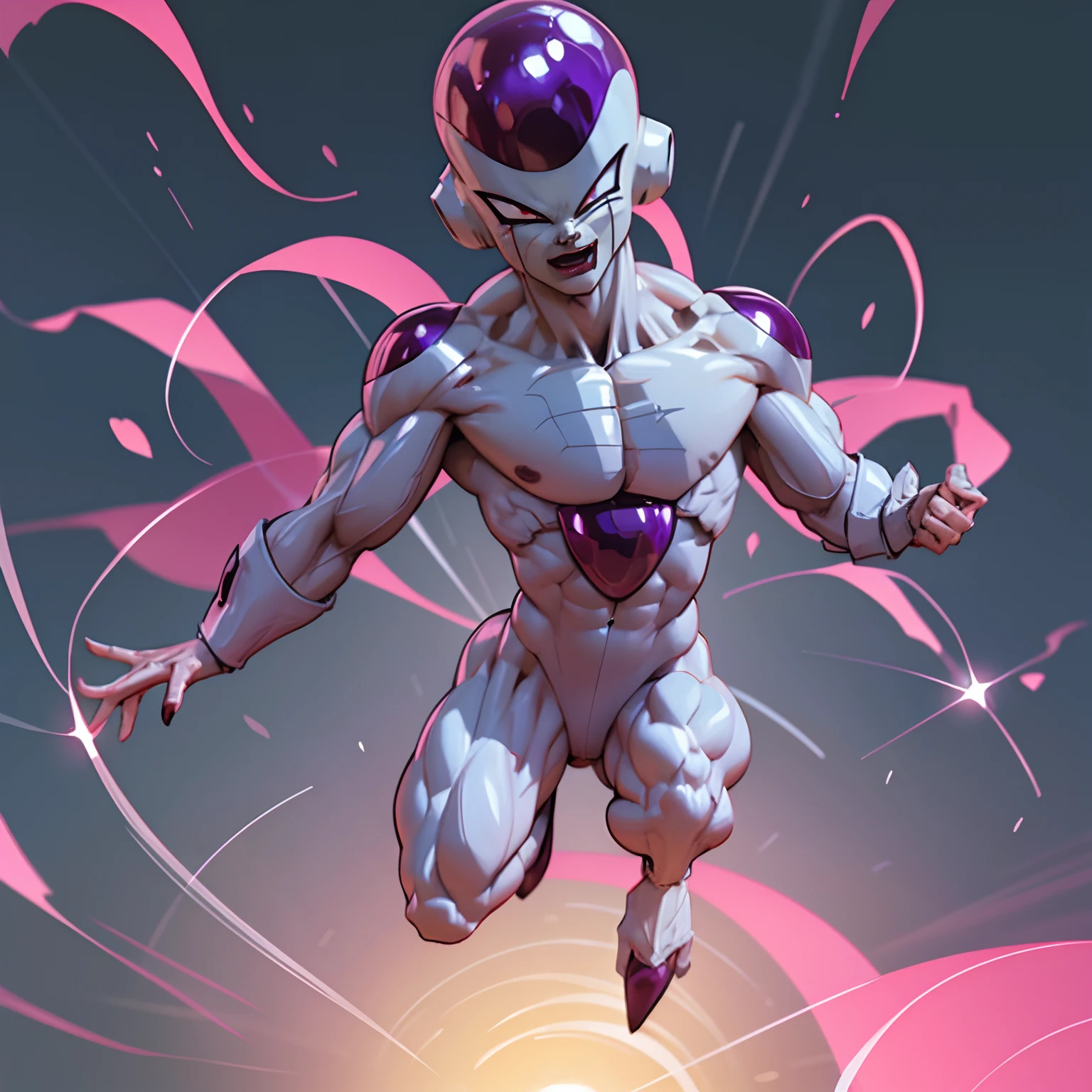 ((Frieza)), Female, woman version, Transformed into final form、dragonball z, Huge breats、battleing、Fighting、action、Beautiful expression、serious faces、Looking down、tail、red eyes、Bruised body、Perfect body、Toned body、full body Esbian、fıt body、abdominals、musculature,