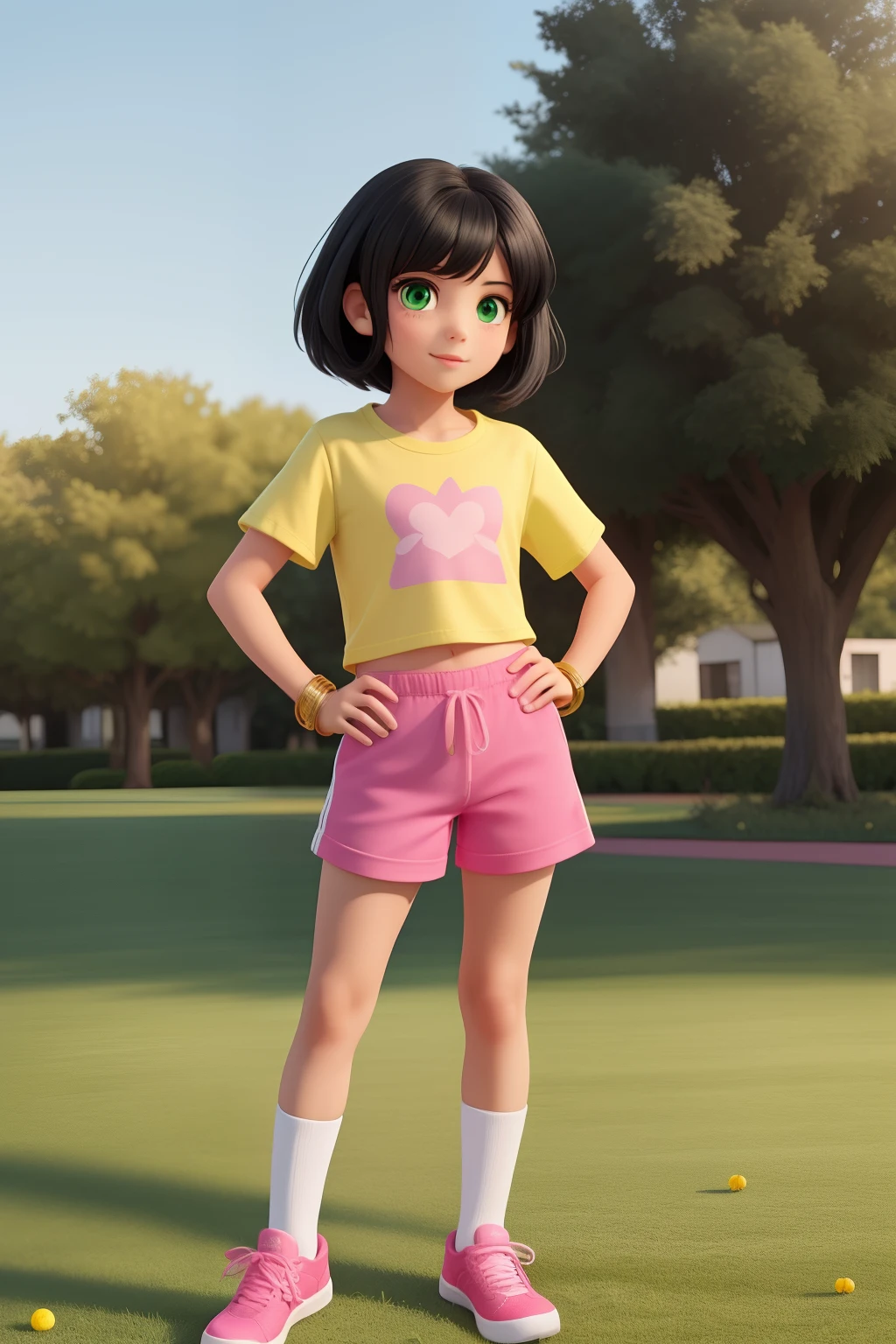 Green eyes, black hair, bob, pink T-shirt, yellow shorts, pink sneakers, standing on the grass, gold bracelet., honey