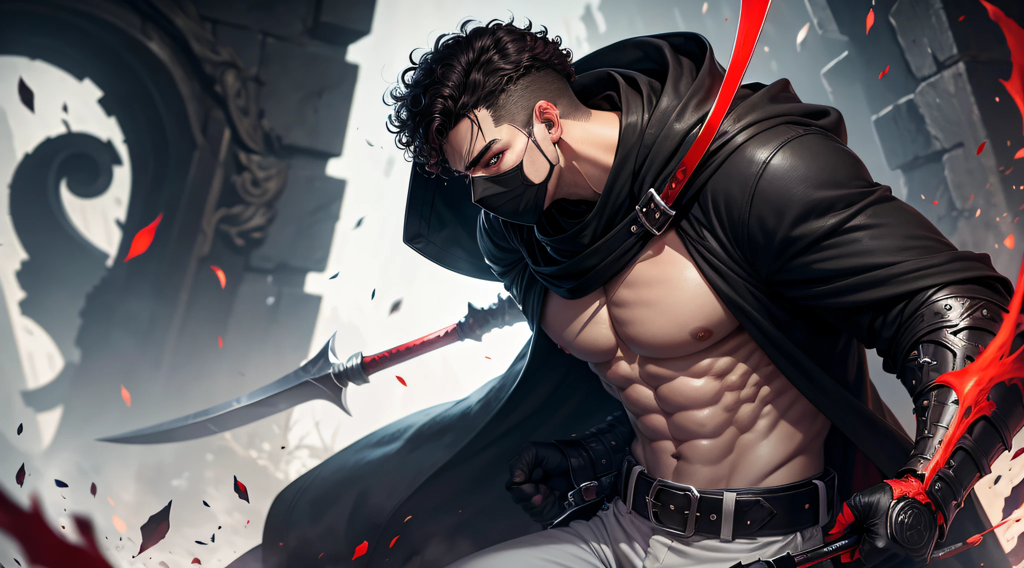 curly haired, strong, male, black eyes, white trouser, tall, buffed, holding Scythe, holding dagger, black mask with red eyes and crying, mad, assassin robe, 4k, HD, Best quality, ultra-detailed.